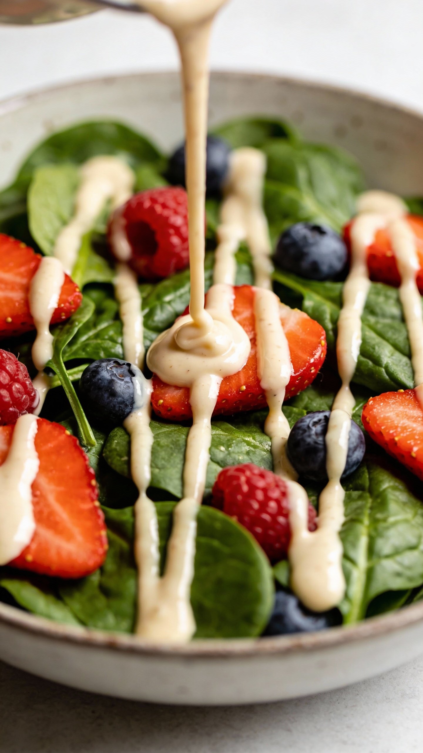 tangy creamy keto dressing drizzled over spinach and berries