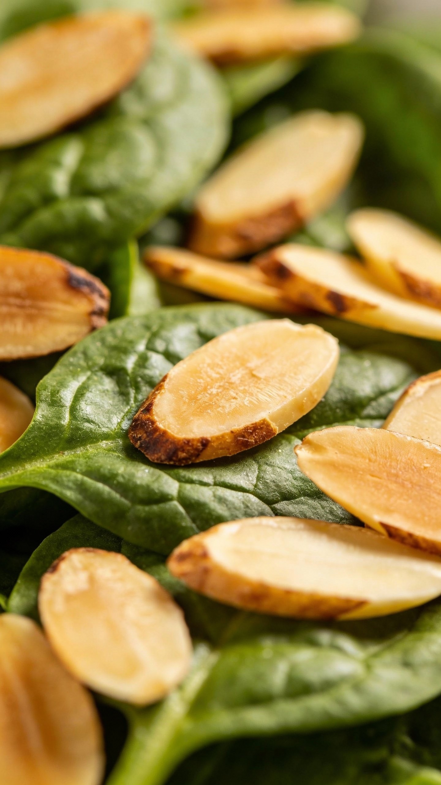 toasted sliced almonds on fresh spinach leaves, macro shot