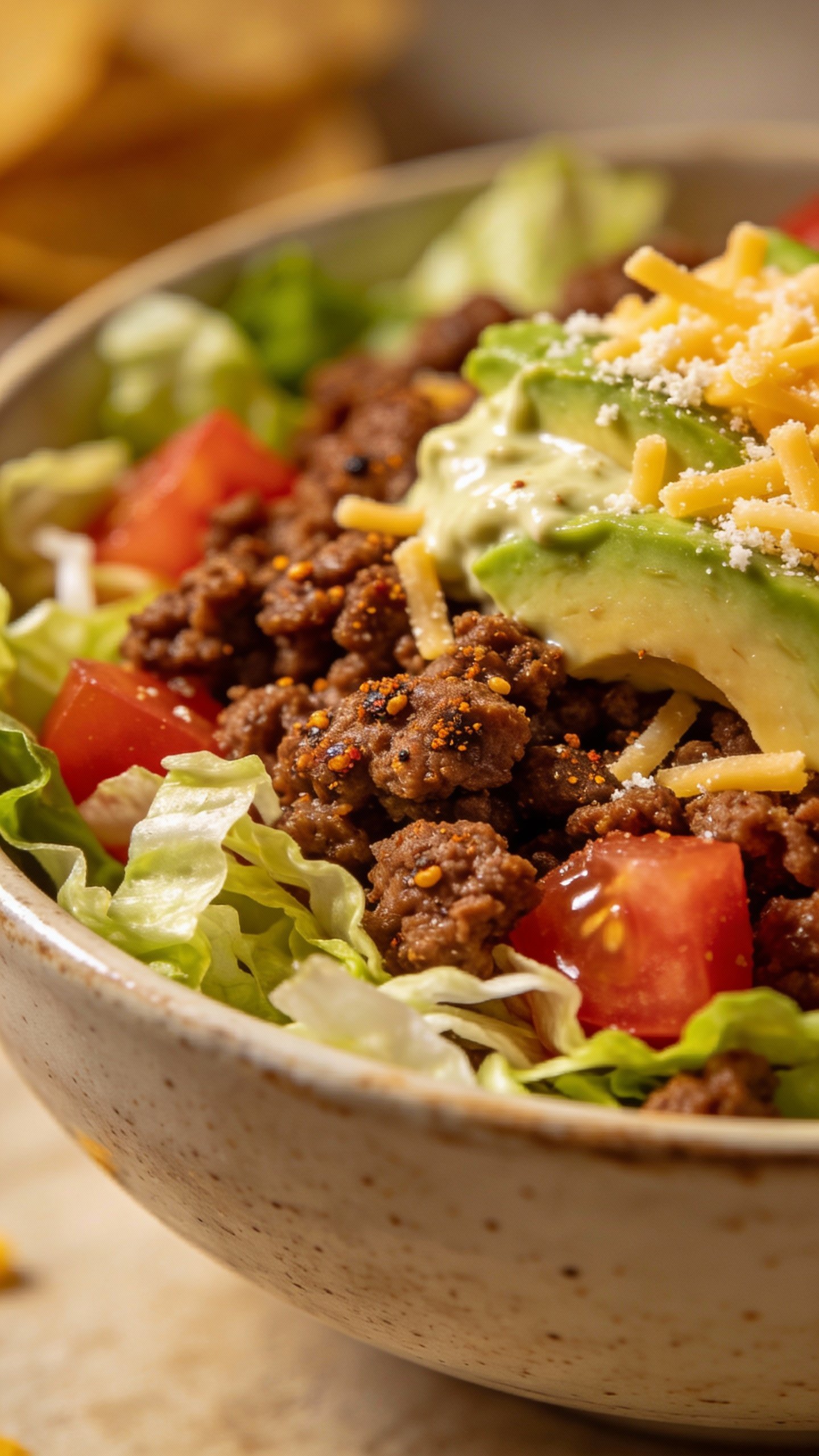 Closeup bowl of keto taco salad with seasoned beef
