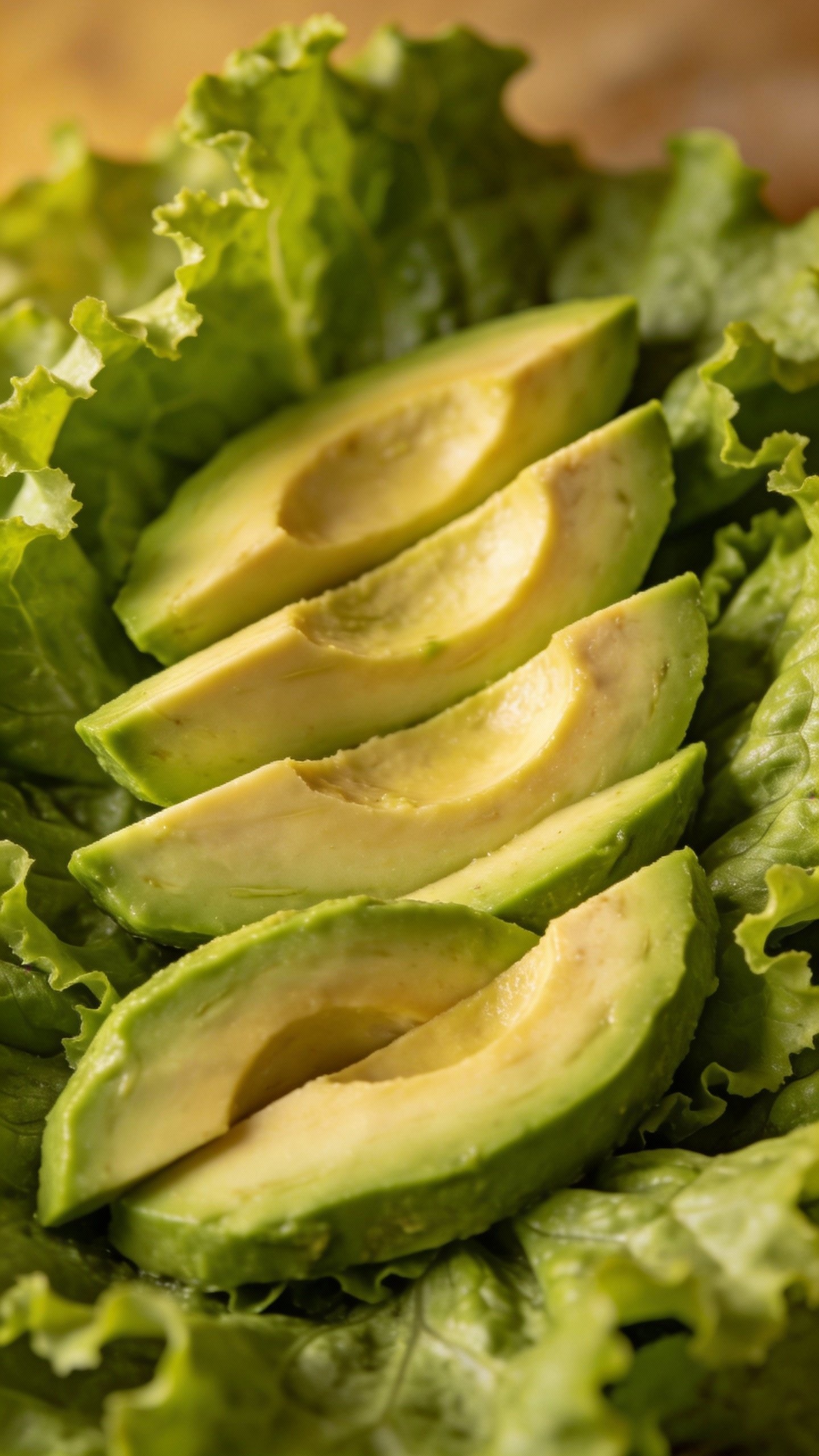 Overhead shot of romaine base with creamy avocado slices