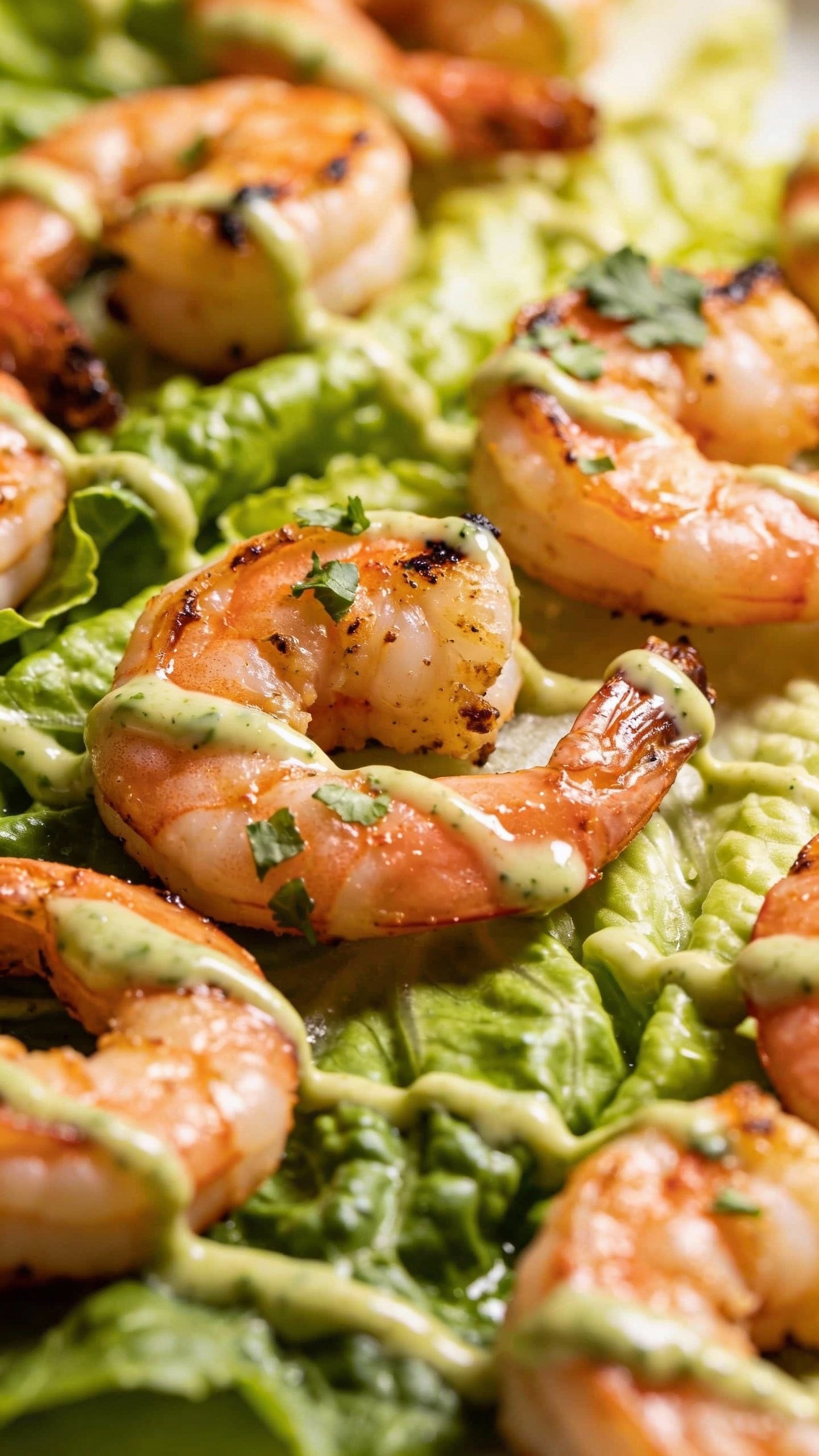 seared shrimp on romaine with cilantro-lime dressing drizzle