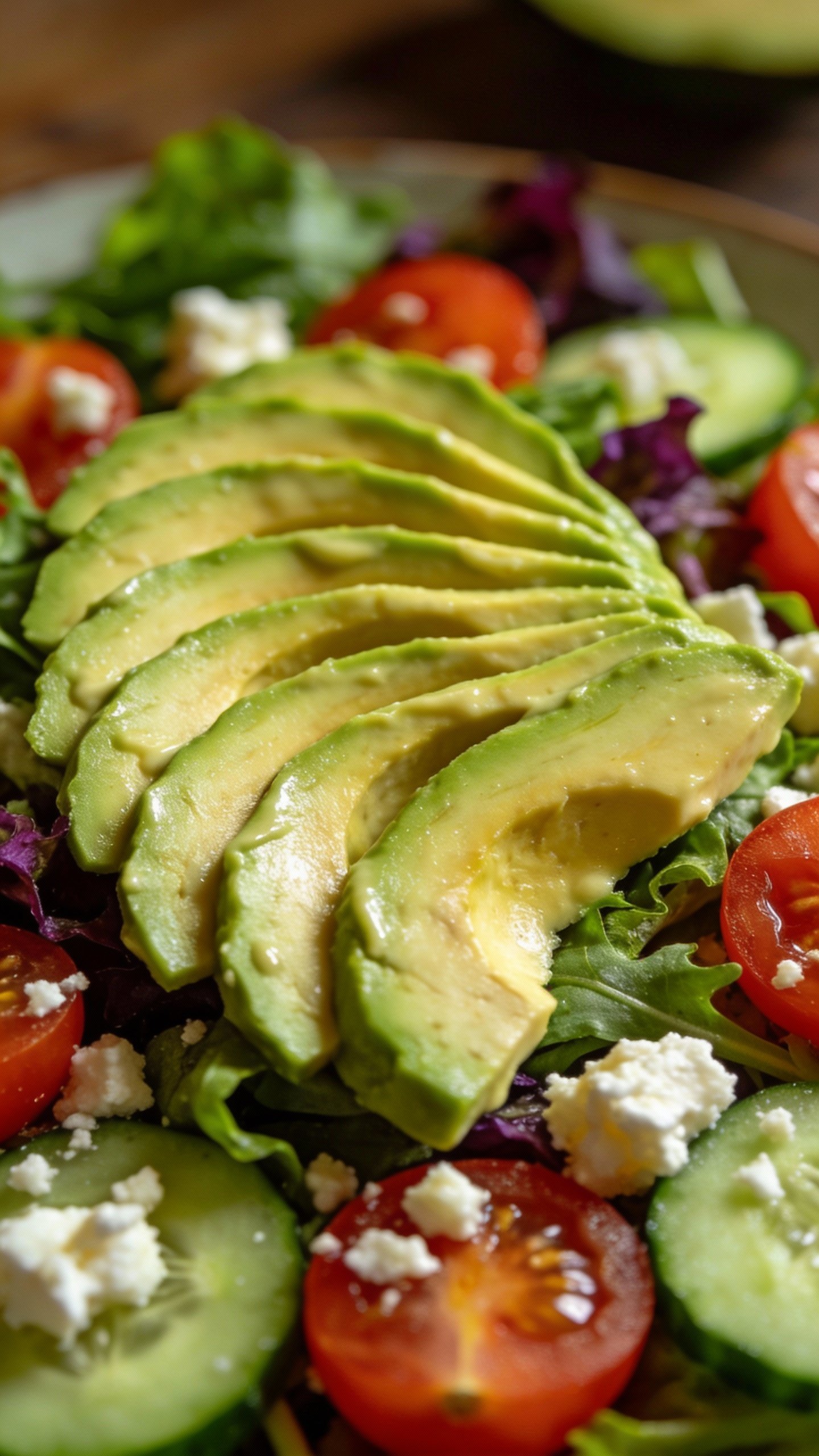 sliced ripe avocado fanned over keto salad, macro shot