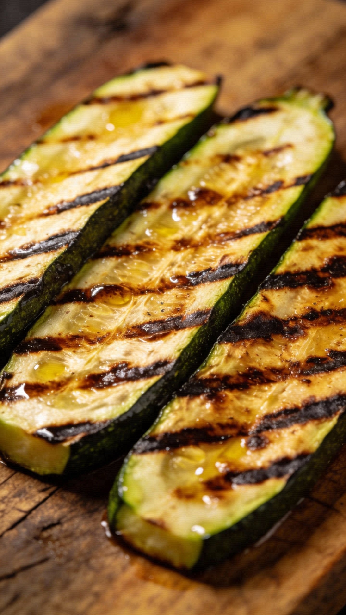 closeup of grilled zucchini slices with pronounced char marks