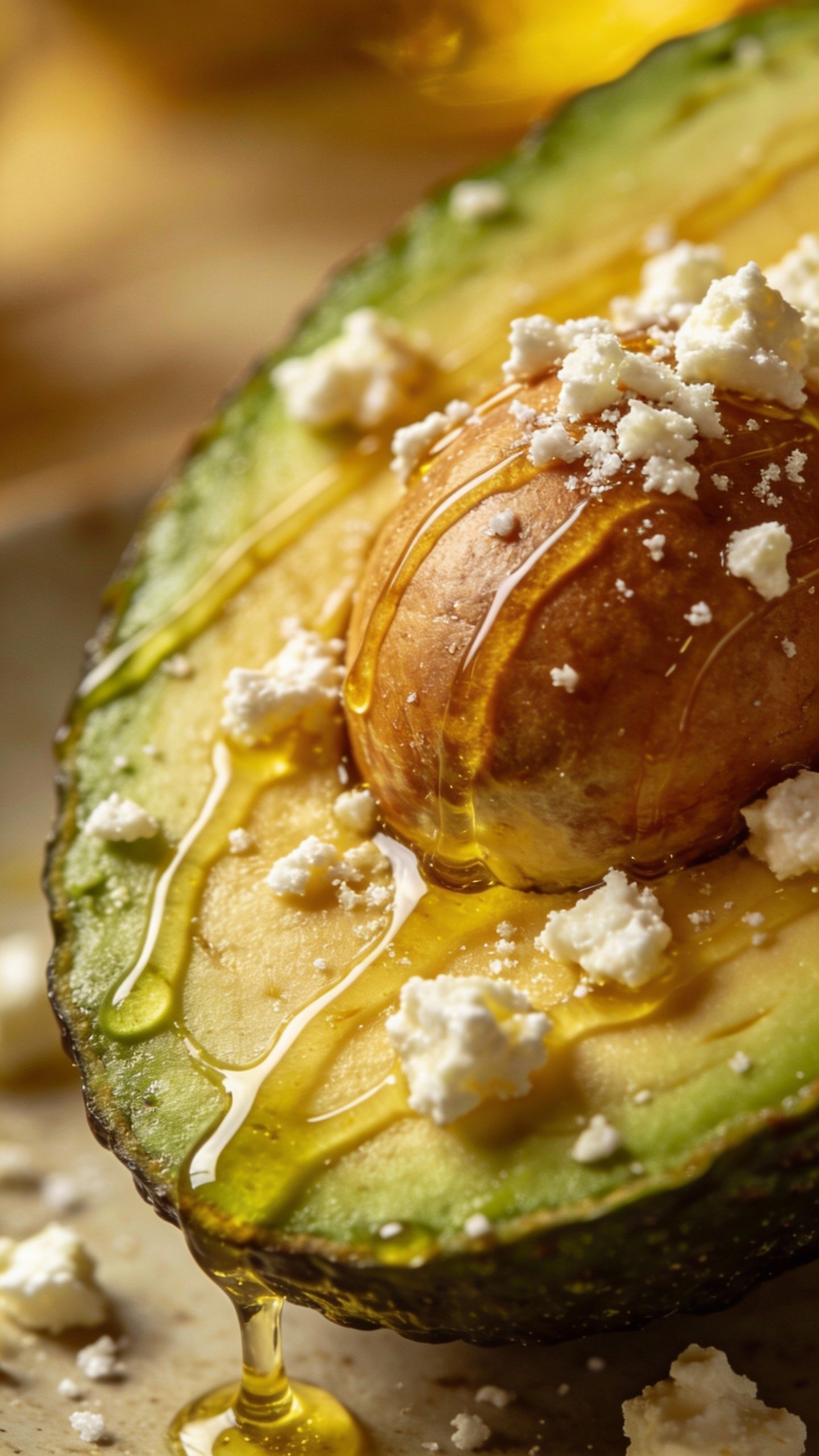 single avocado half drizzled with olive oil and feta crumbles