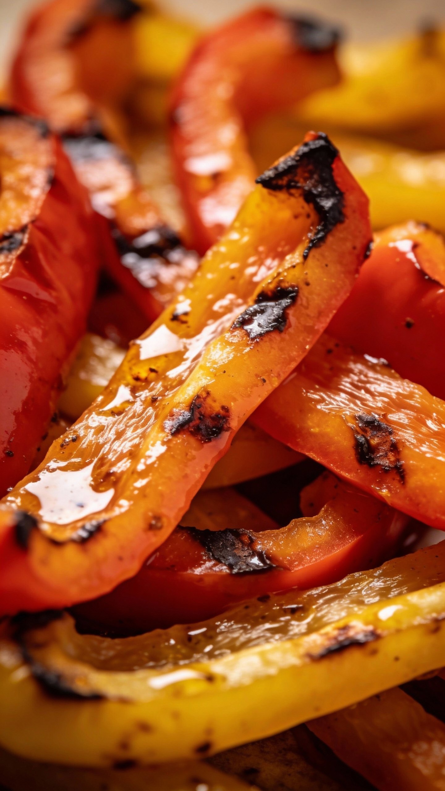 closeup of grilled bell pepper strips with smoky dressing sheen