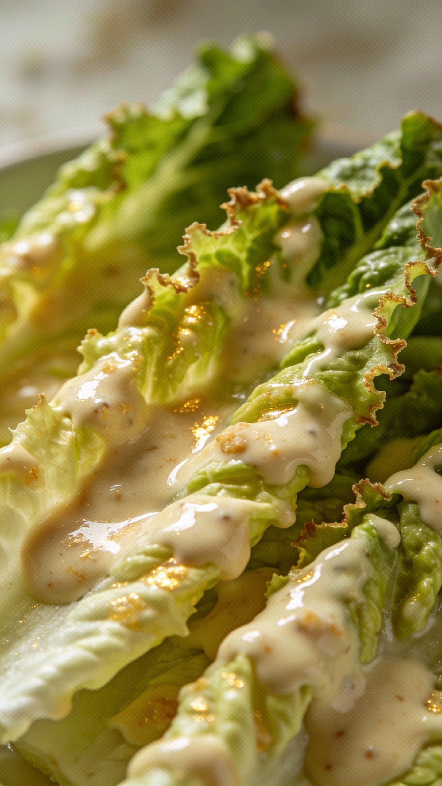 closeup romaine heart drenched in creamy keto Caesar dressing