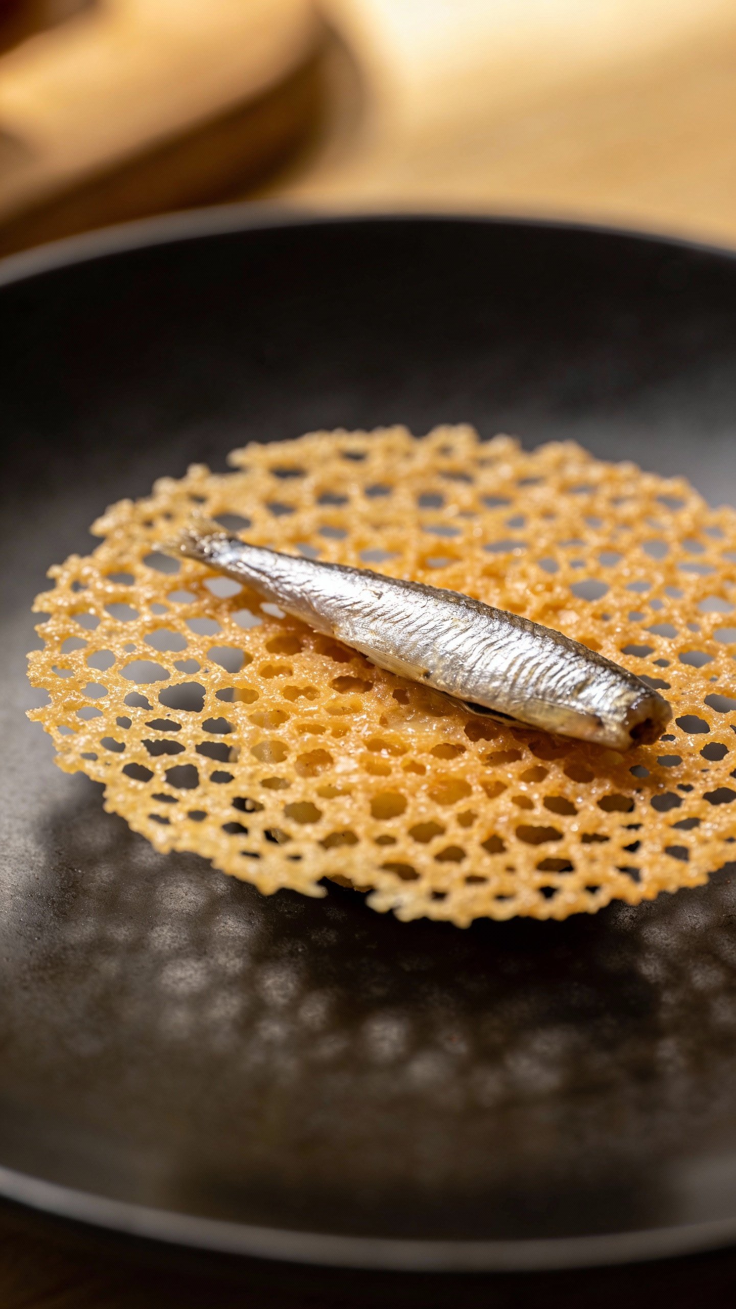 single anchovy-topped Parmesan crisp on matte black plate