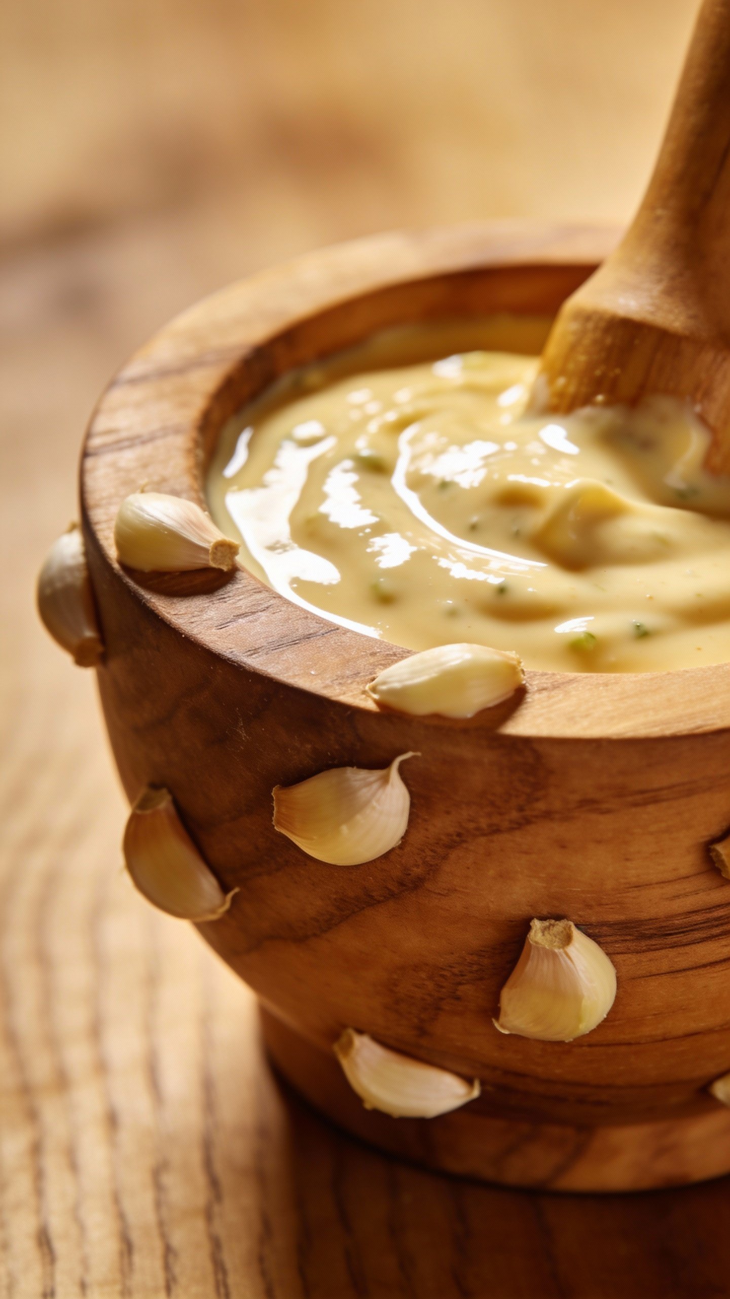 garlic-studded wooden mortar with glossy Caesar dressing emulsion