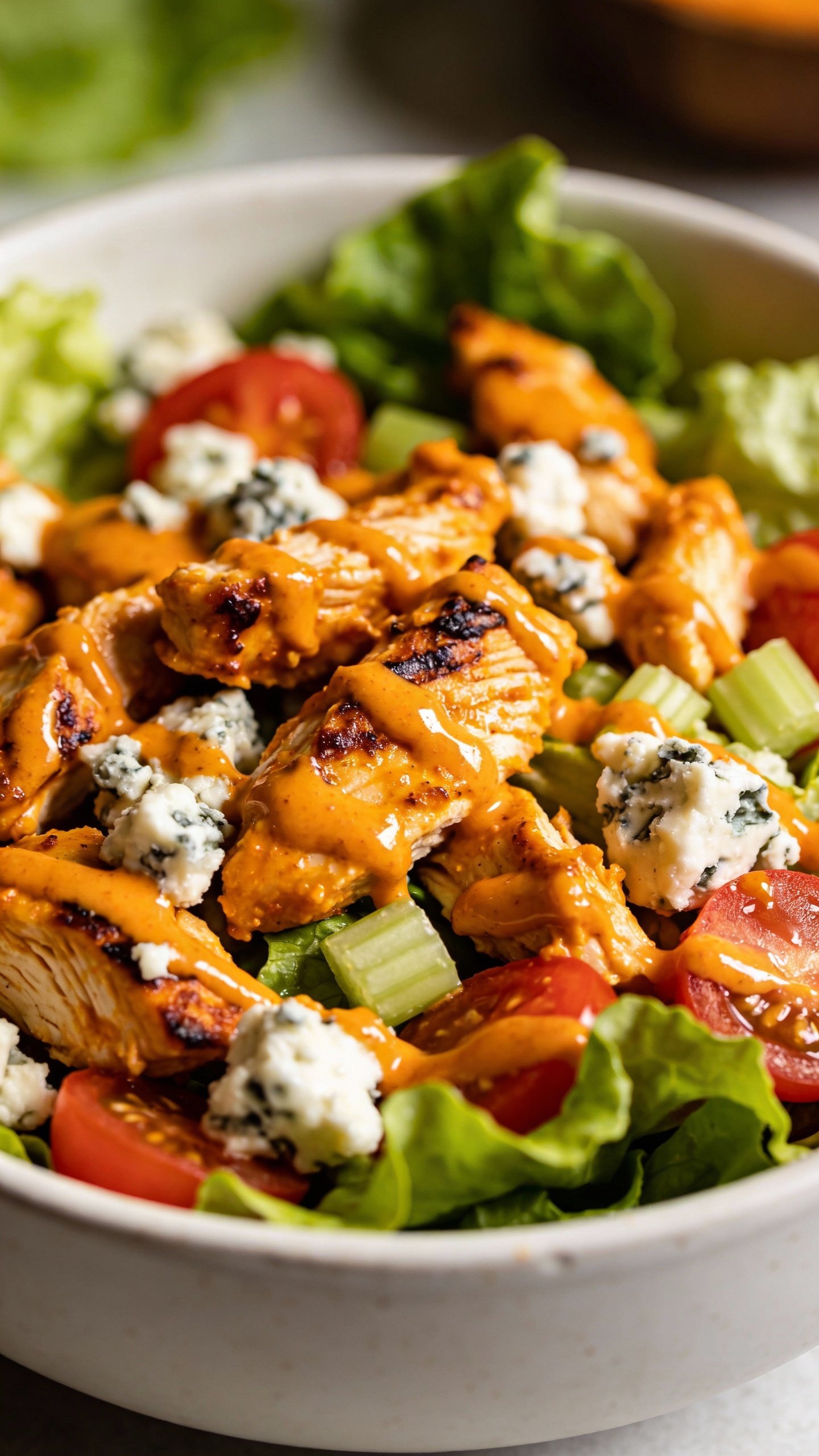 closeup bowl of spicy buffalo chicken keto salad