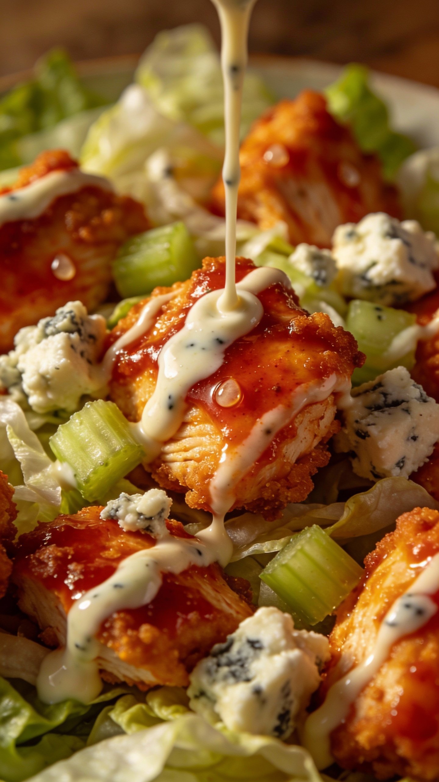 drizzle of ranch over buffalo chicken salad, macro shot