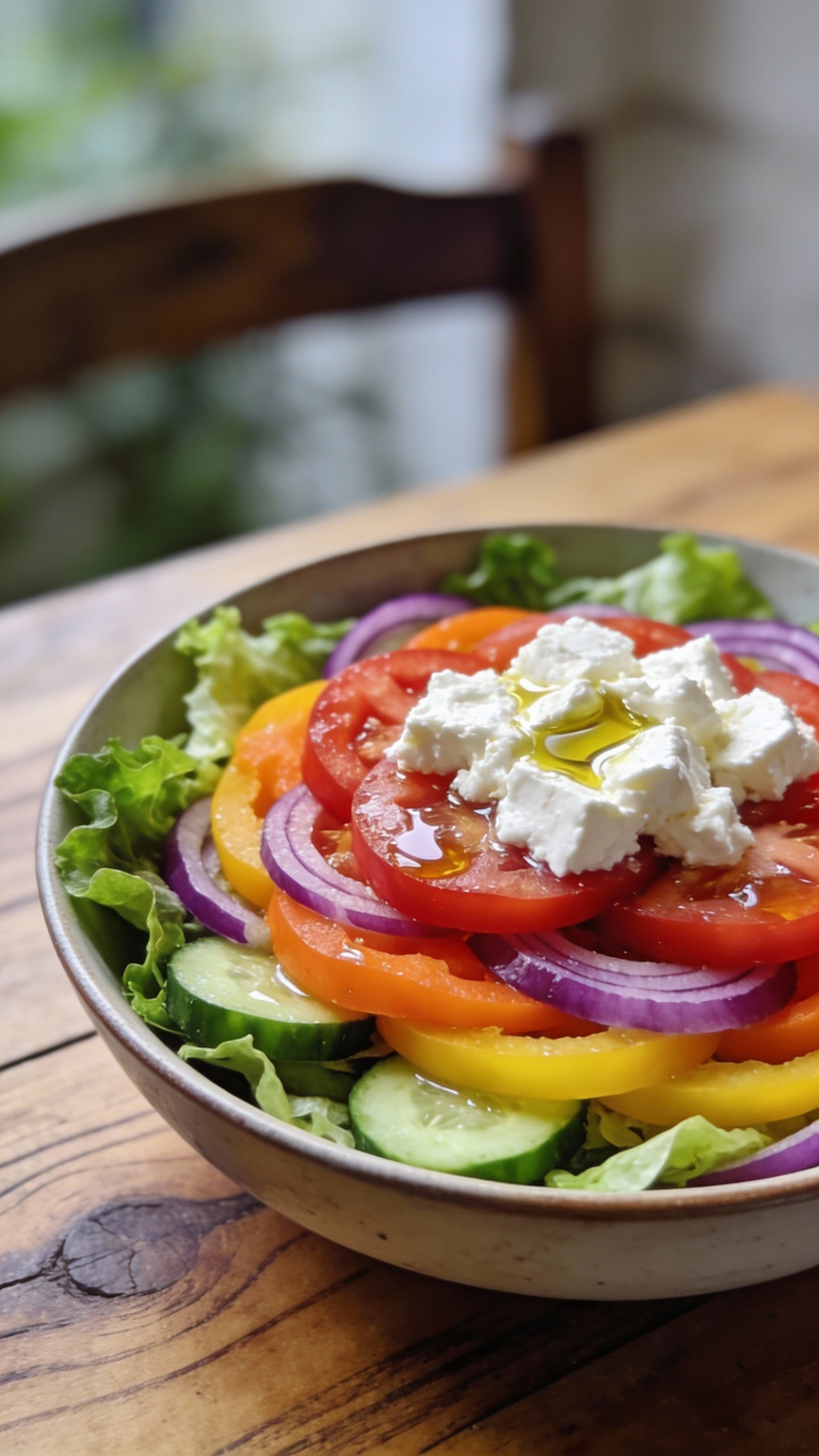 Closeup bowl of Mediterranean rainbow keto salad, olive wood table