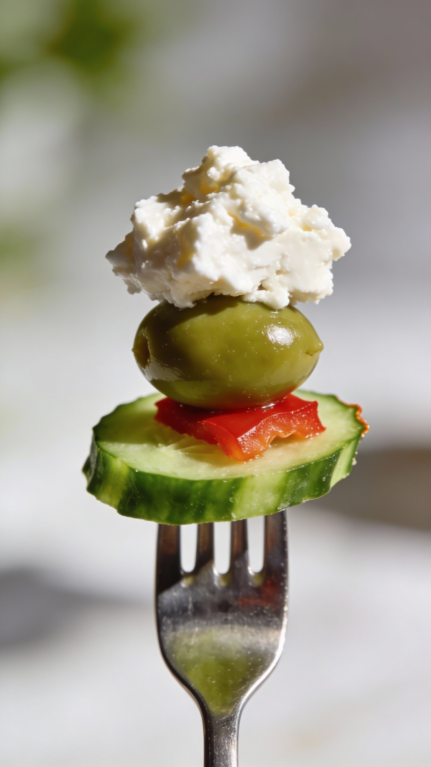Single forkful of feta, olive, cucumber, and pepper, macro