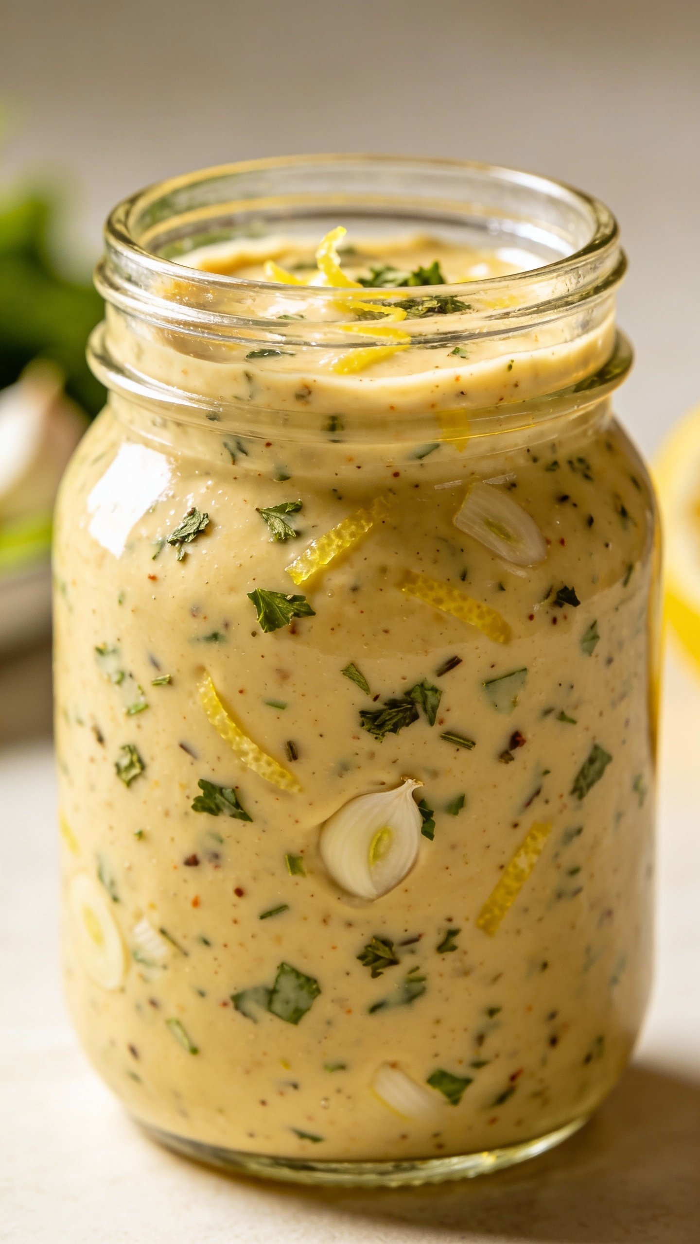 Small glass jar of zesty keto Greek dressing, studio lighting