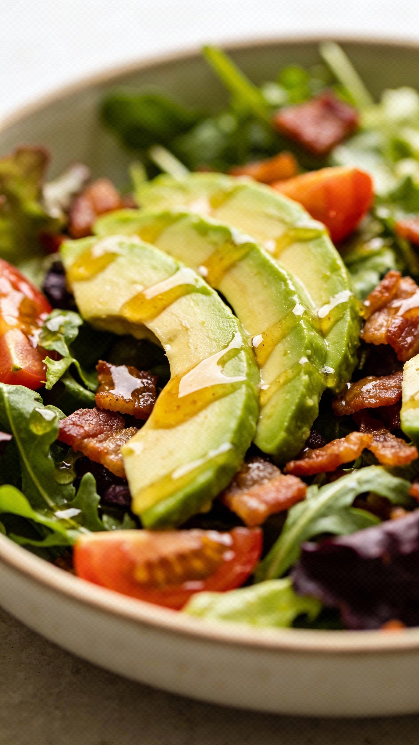 closeup of zesty avocado bacon keto salad in shallow bowl