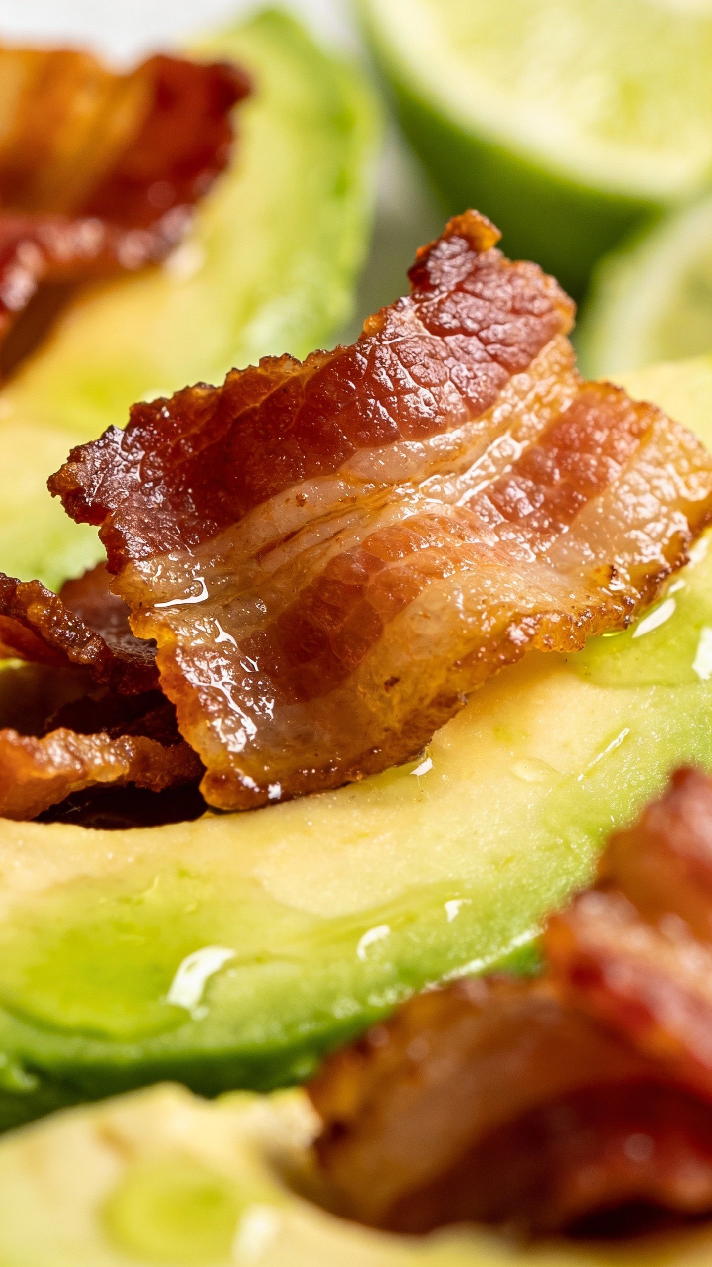 macro shot of crispy bacon crumbles on lime-dressed avocado
