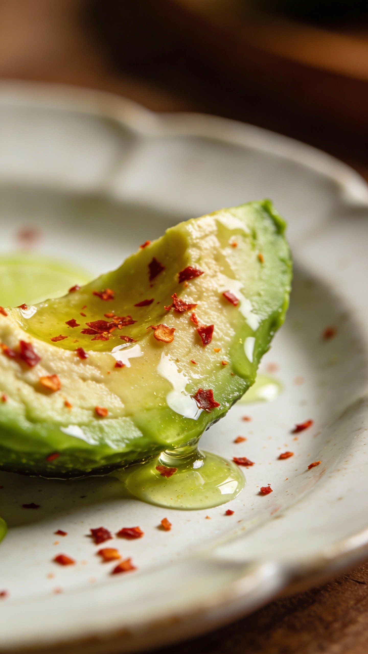 lime-drizzled avocado wedge with chili flake on ceramic plate