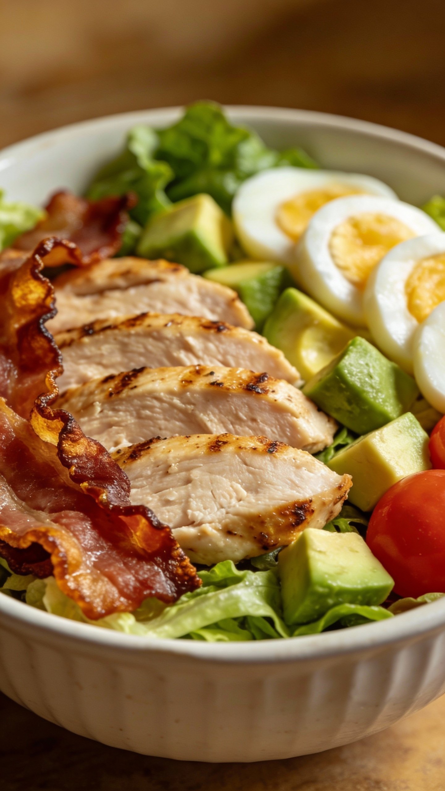 closeup bowl of keto cobb salad with crispy bacon