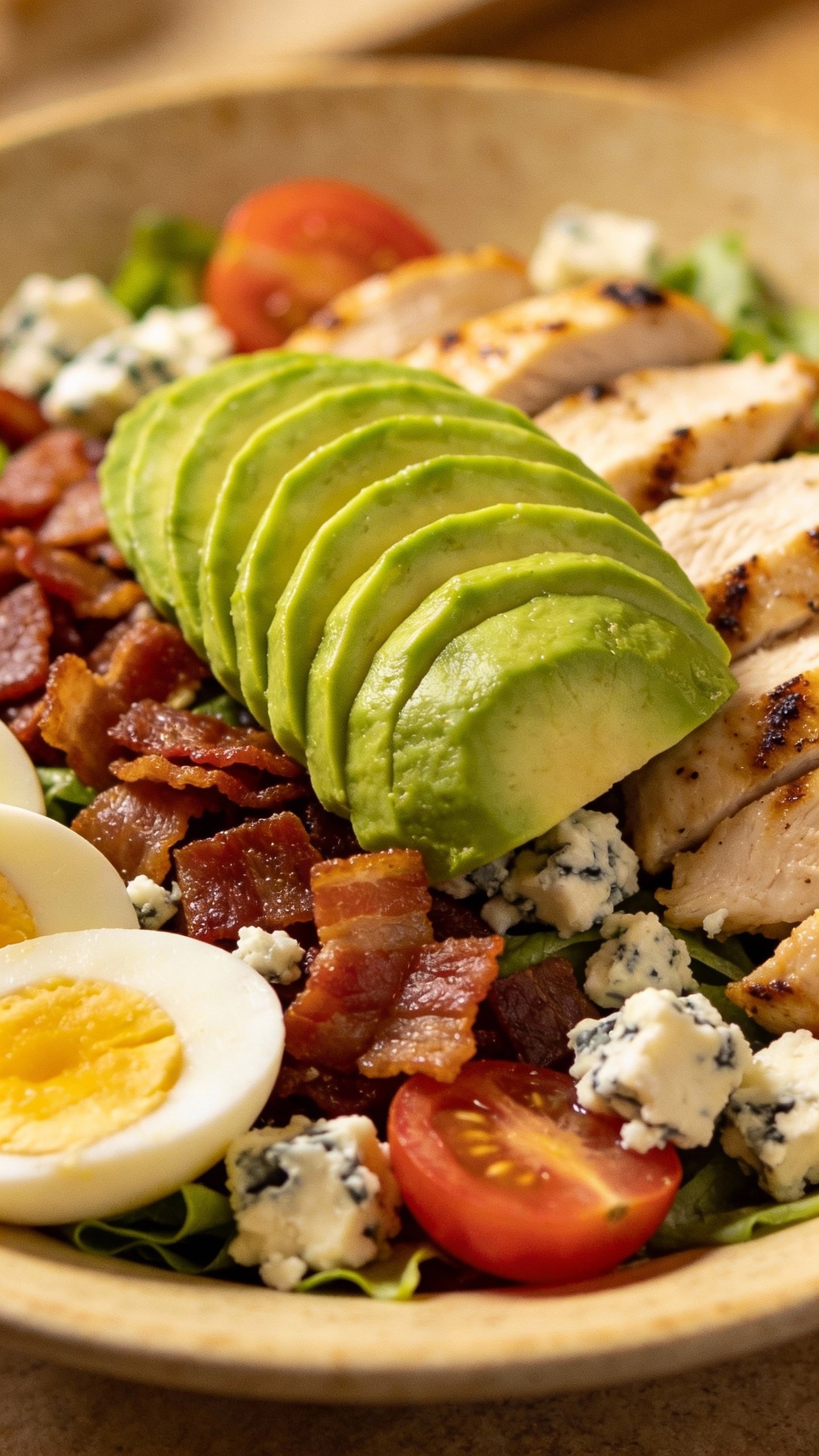 sliced avocado fan on chicken cobb salad, shallow depth of field