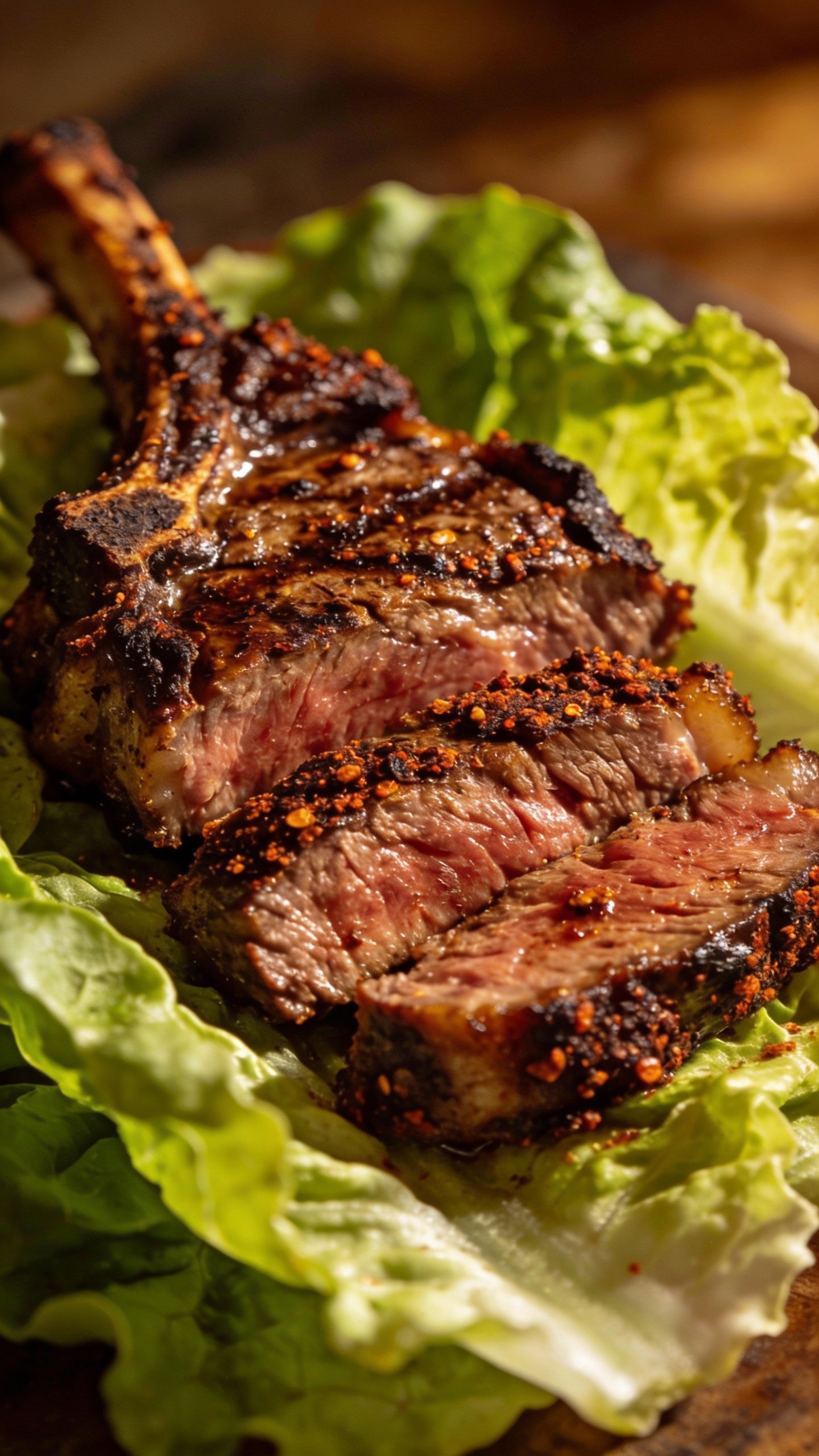 closeup grilled ribeye slices on romaine with chipotle crust
