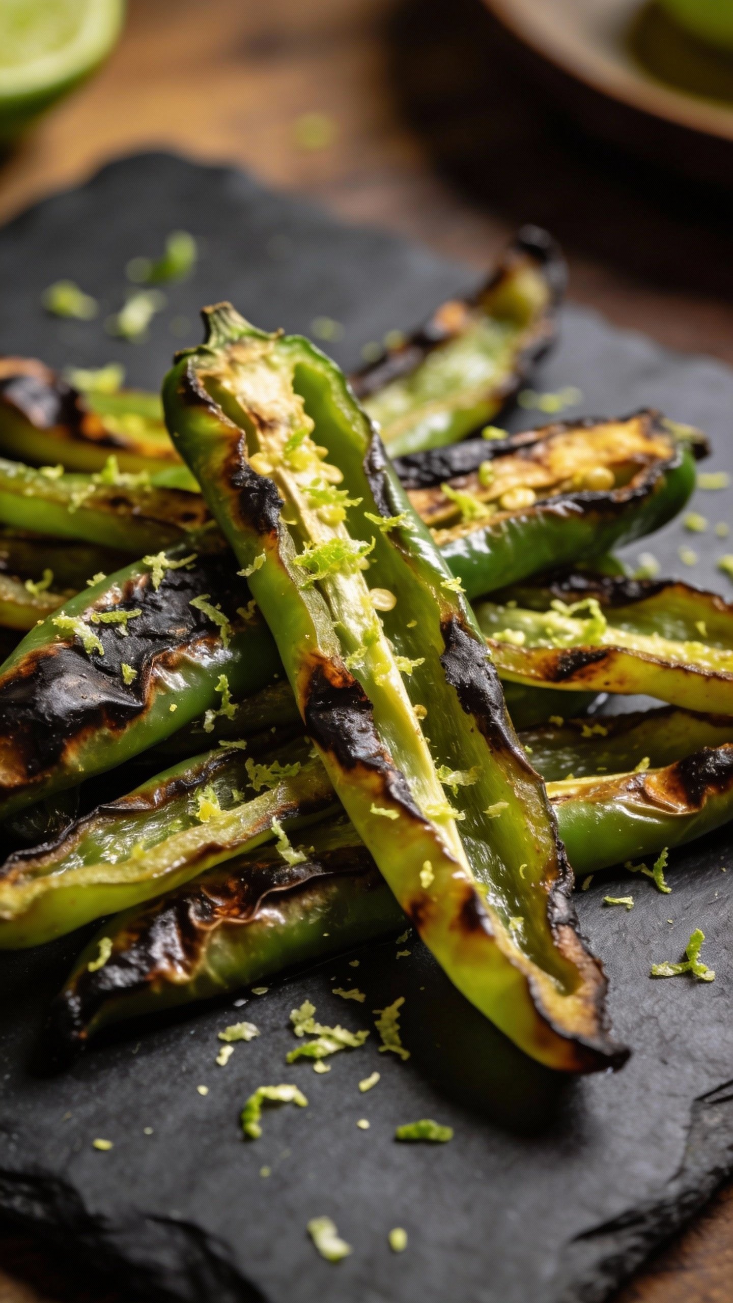 charred poblano pepper strips with lime zest on slate plate
