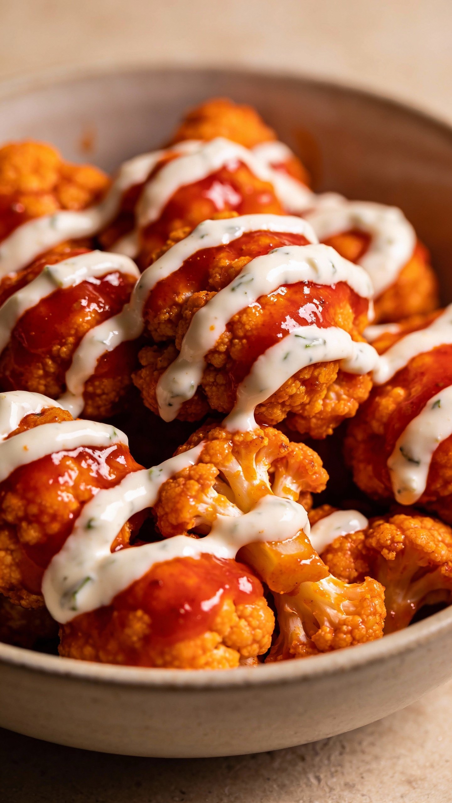 Closeup bowl of crispy buffalo cauliflower with ranch drizzle