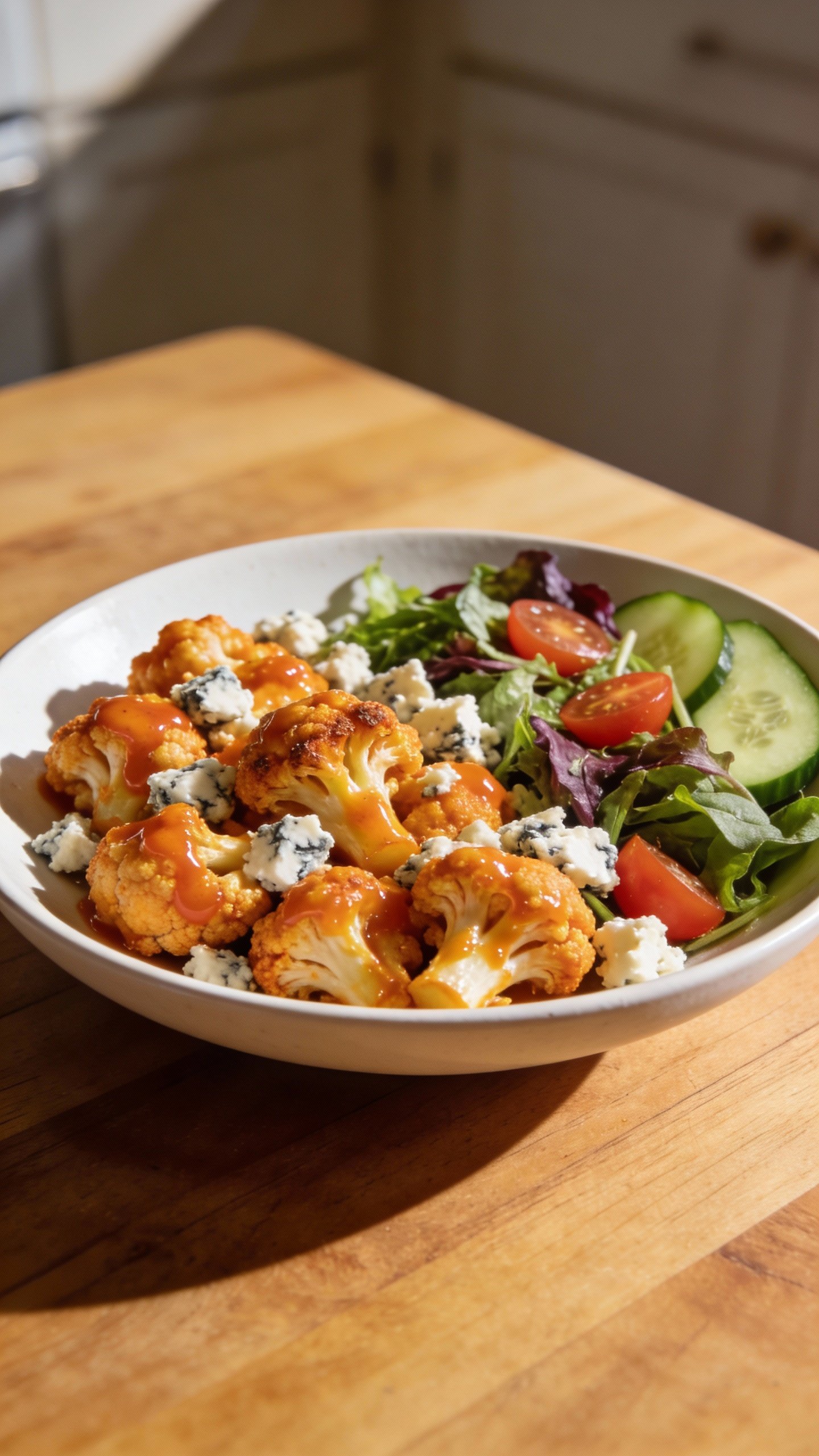 Single keto salad plate with buffalo cauliflower and blue cheese