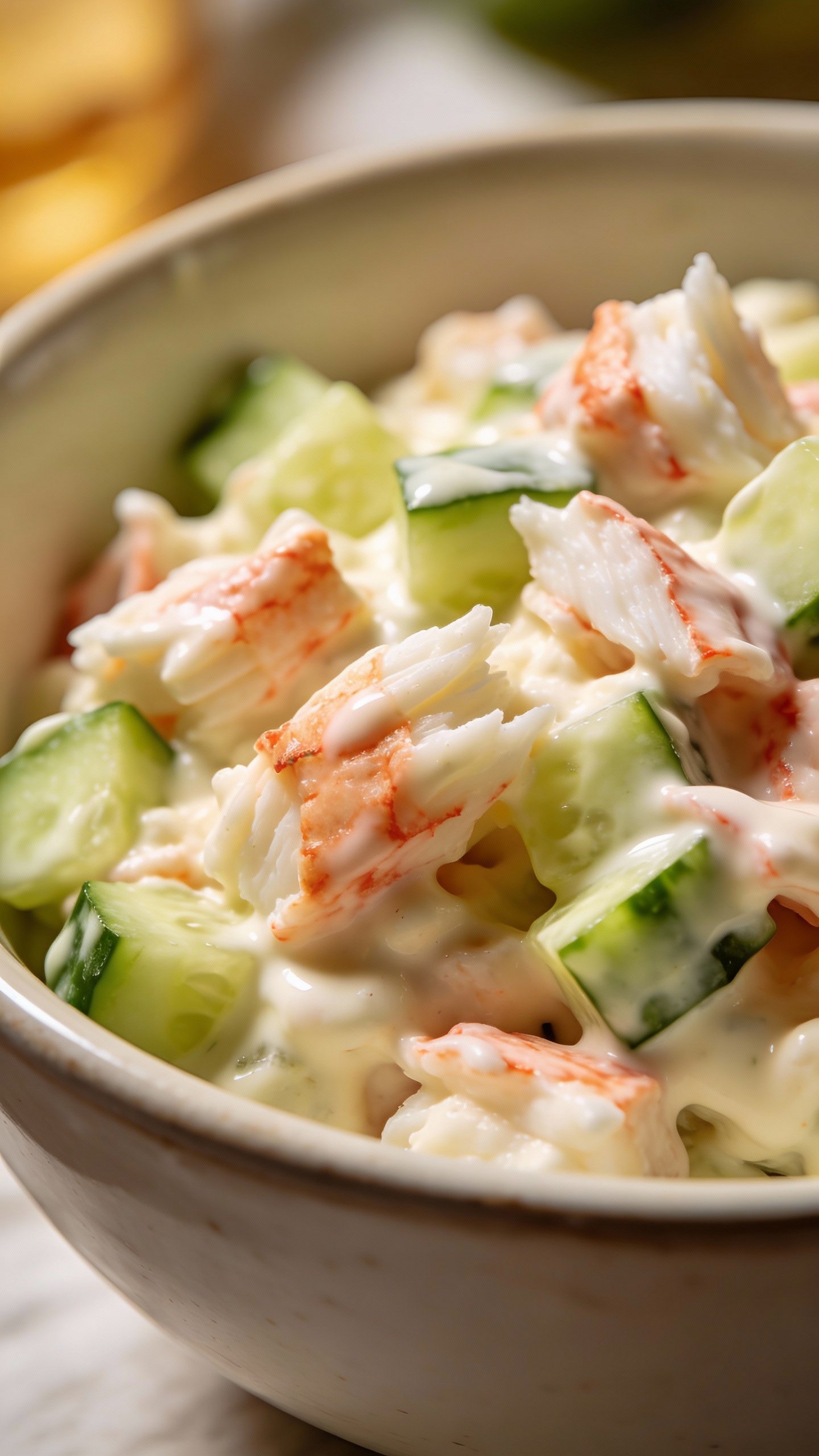 closeup bowl of creamy keto crab cucumber salad