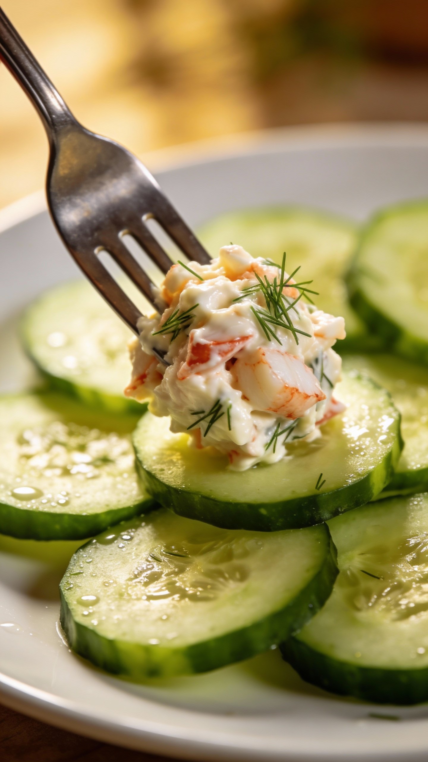 forkful of crab salad with dill over cucumber slices