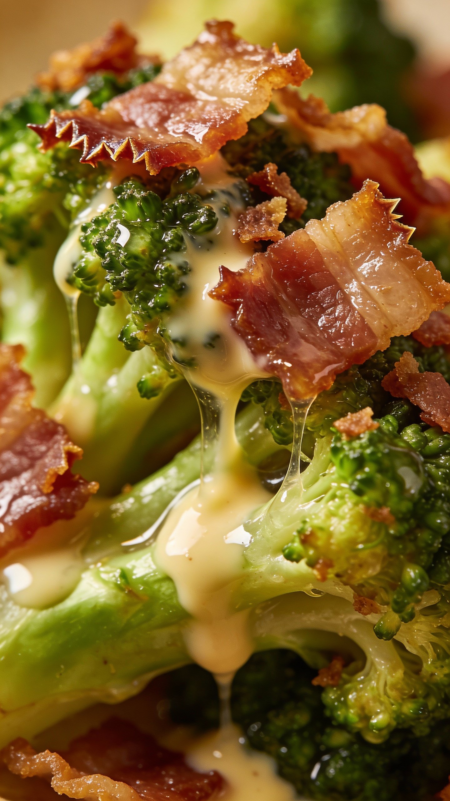 macro shot of crispy bacon crumbles on broccoli florets, mayo glaze