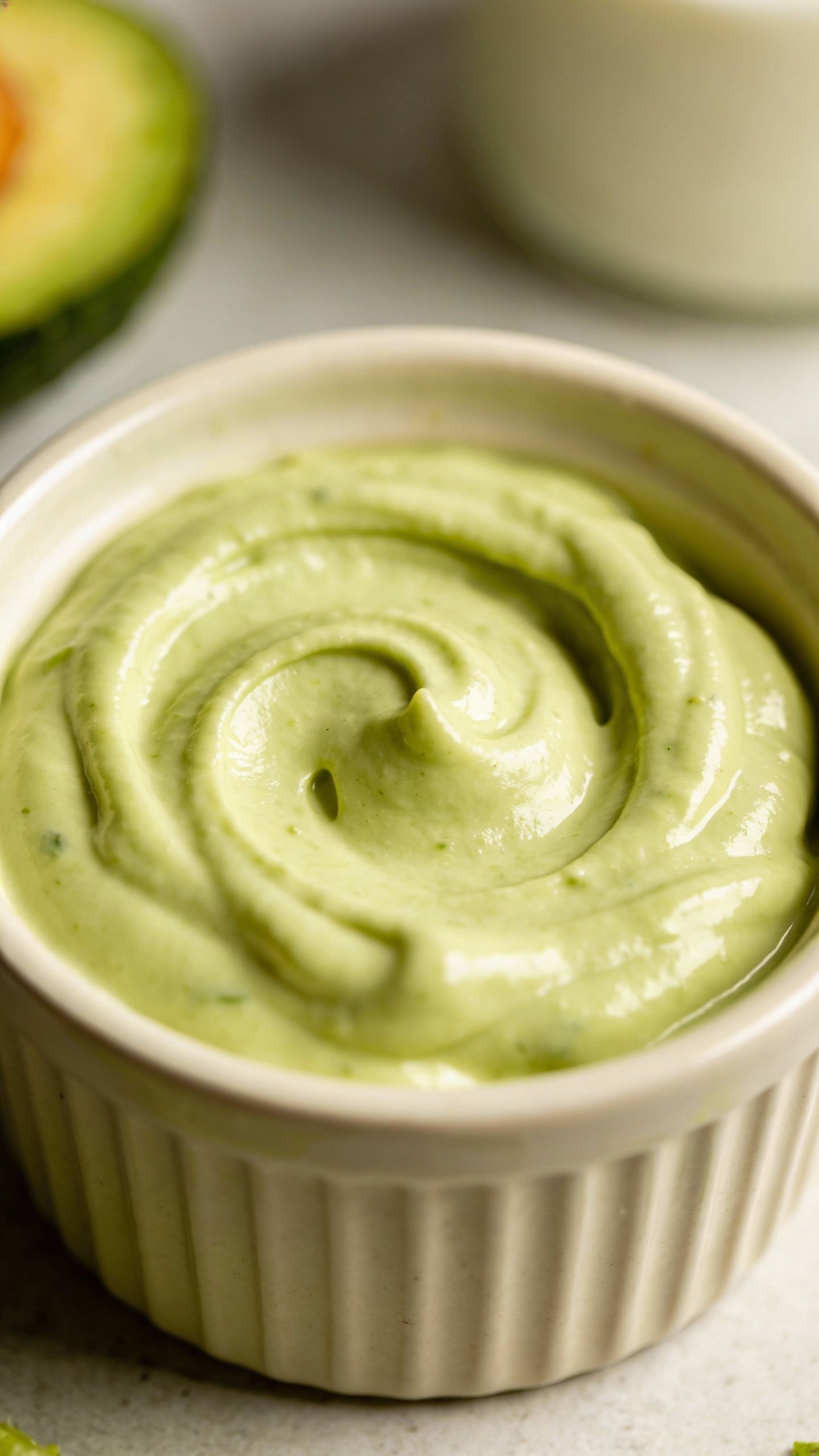 single avocado lime crema swirl in ramekin, overhead