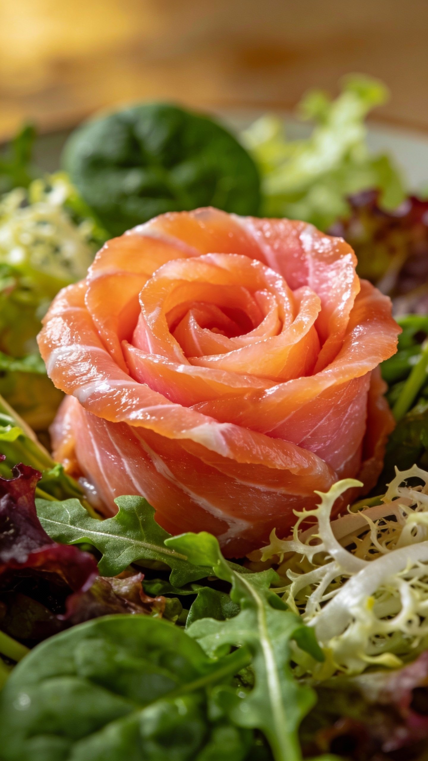 closeup of smoked salmon rose on mixed greens, natural light