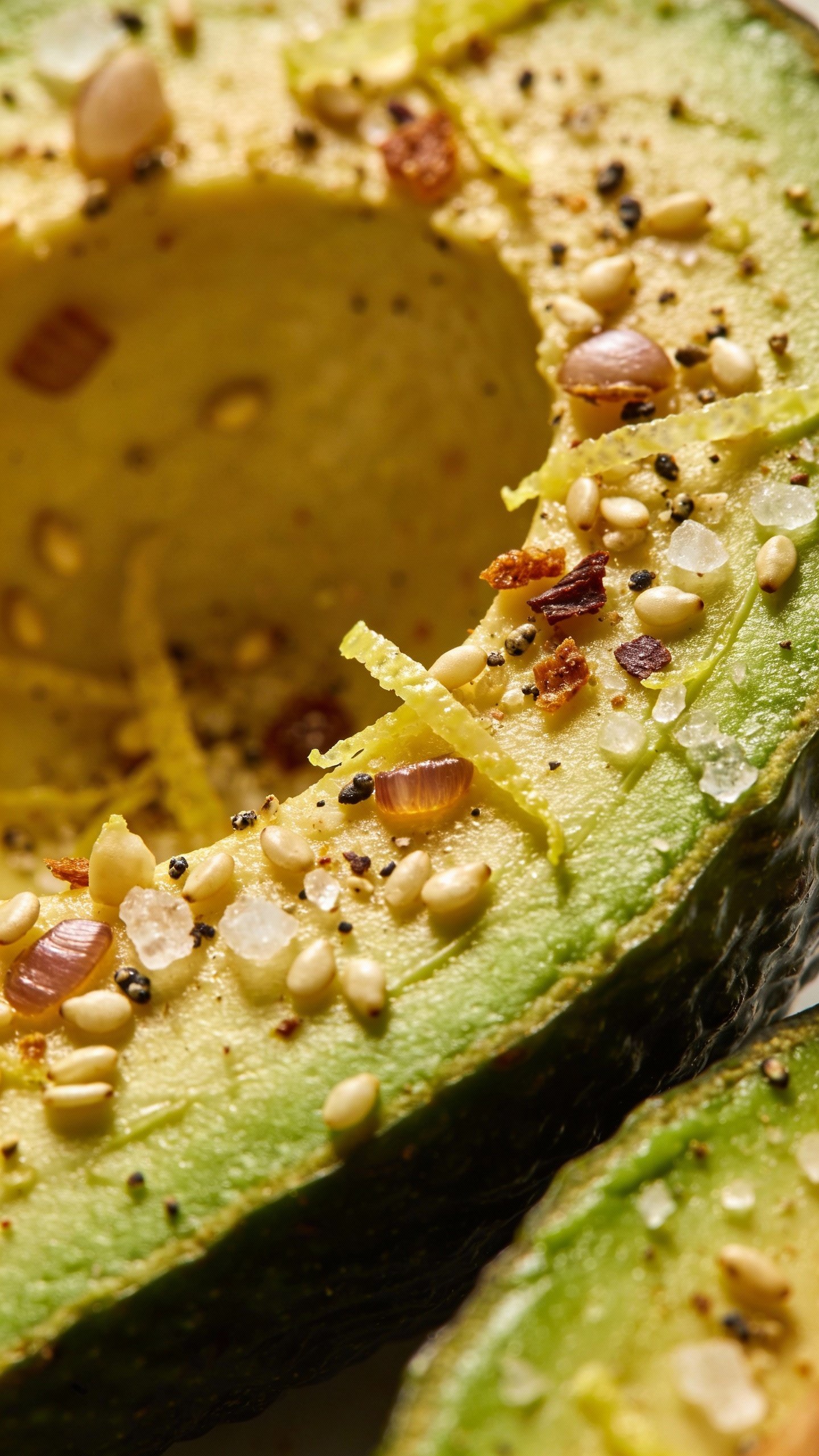 halved avocado with everything seasoning and lemon zest, macro