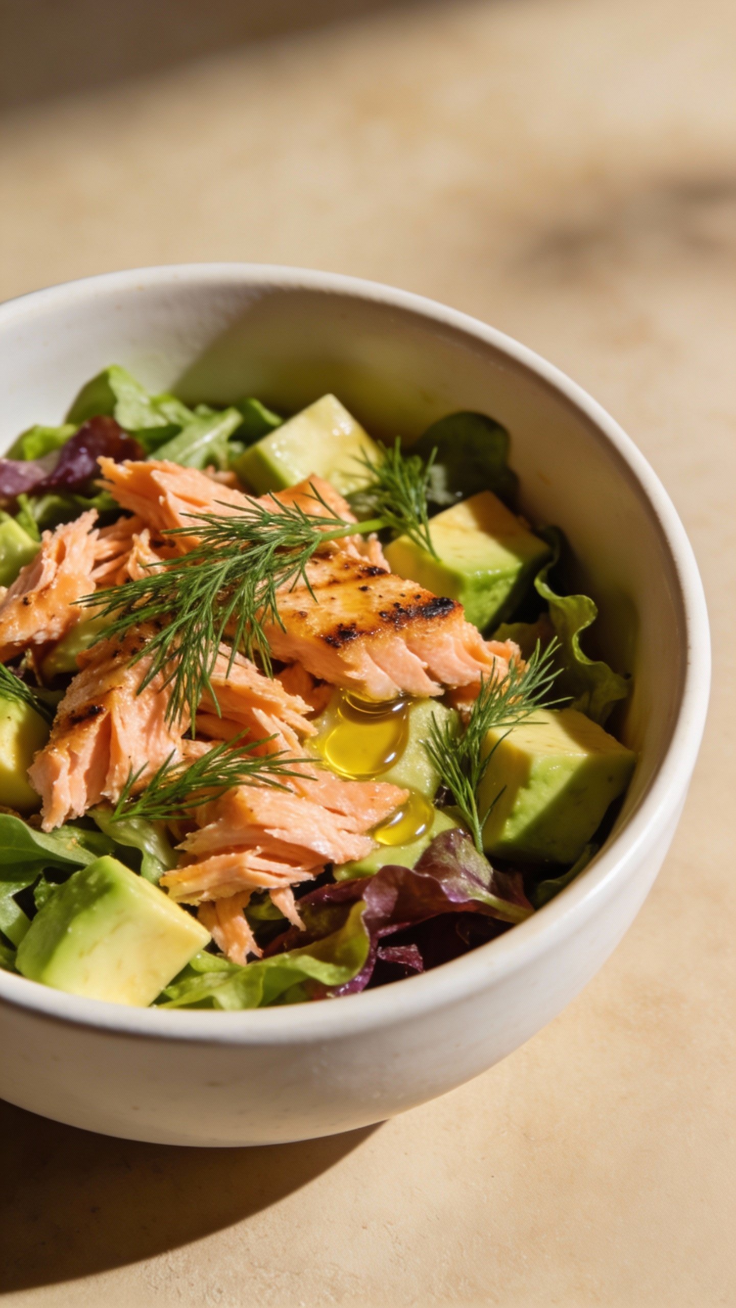 single bowl of keto salmon avocado salad with dill, overhead