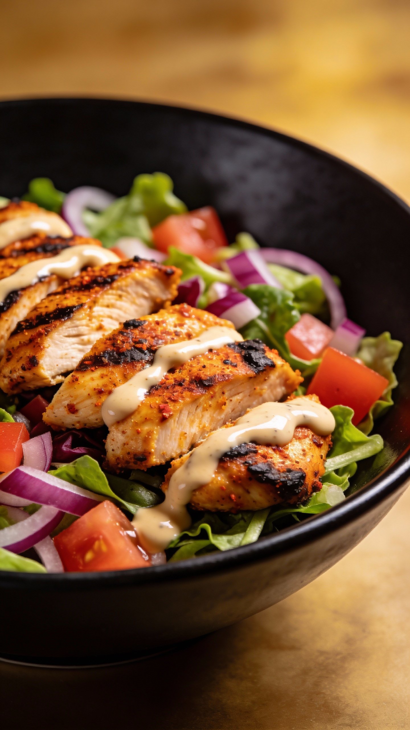 closeup Cajun chicken salad in matte black bowl