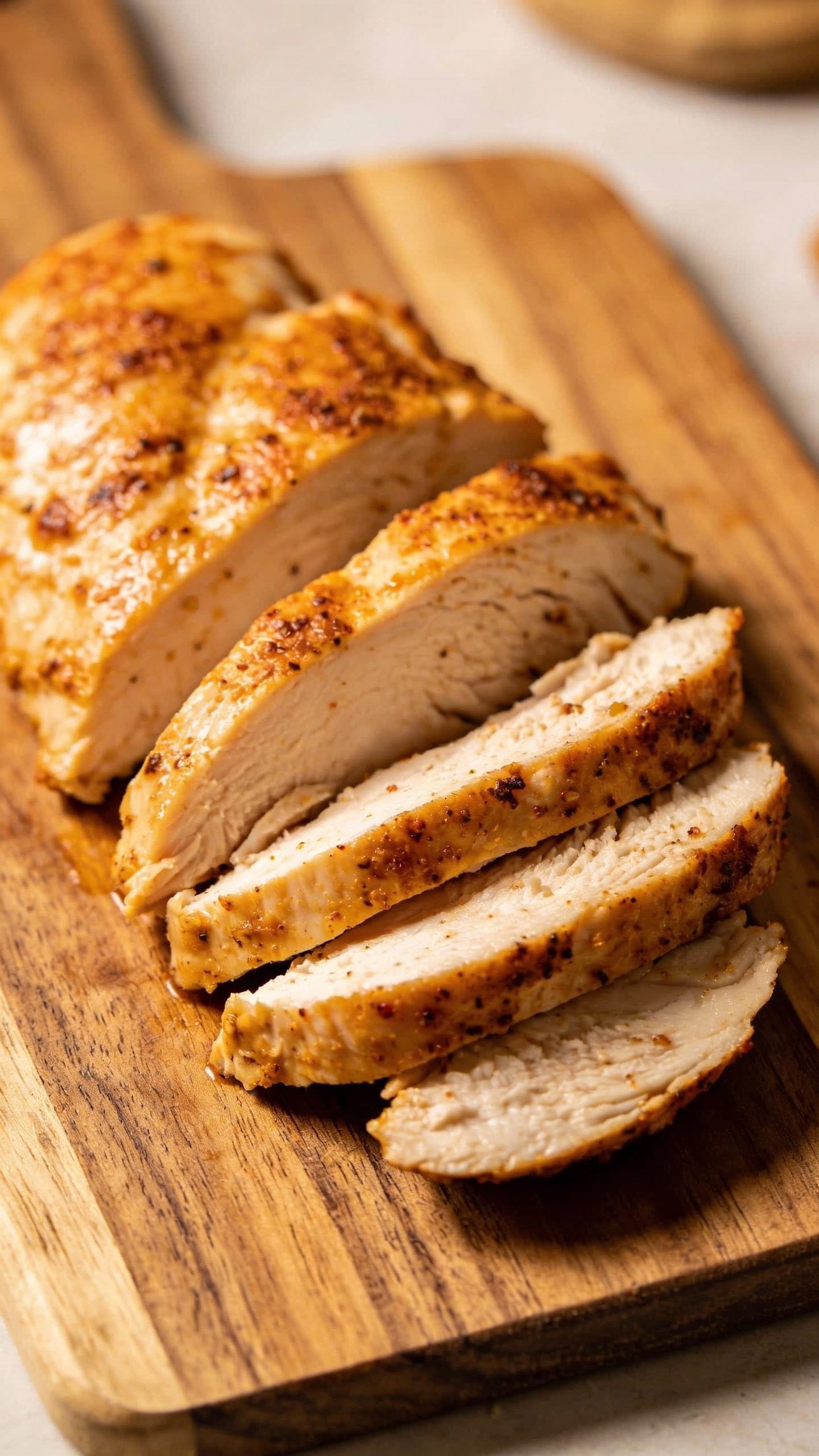 sliced Cajun chicken breast on wooden cutting board