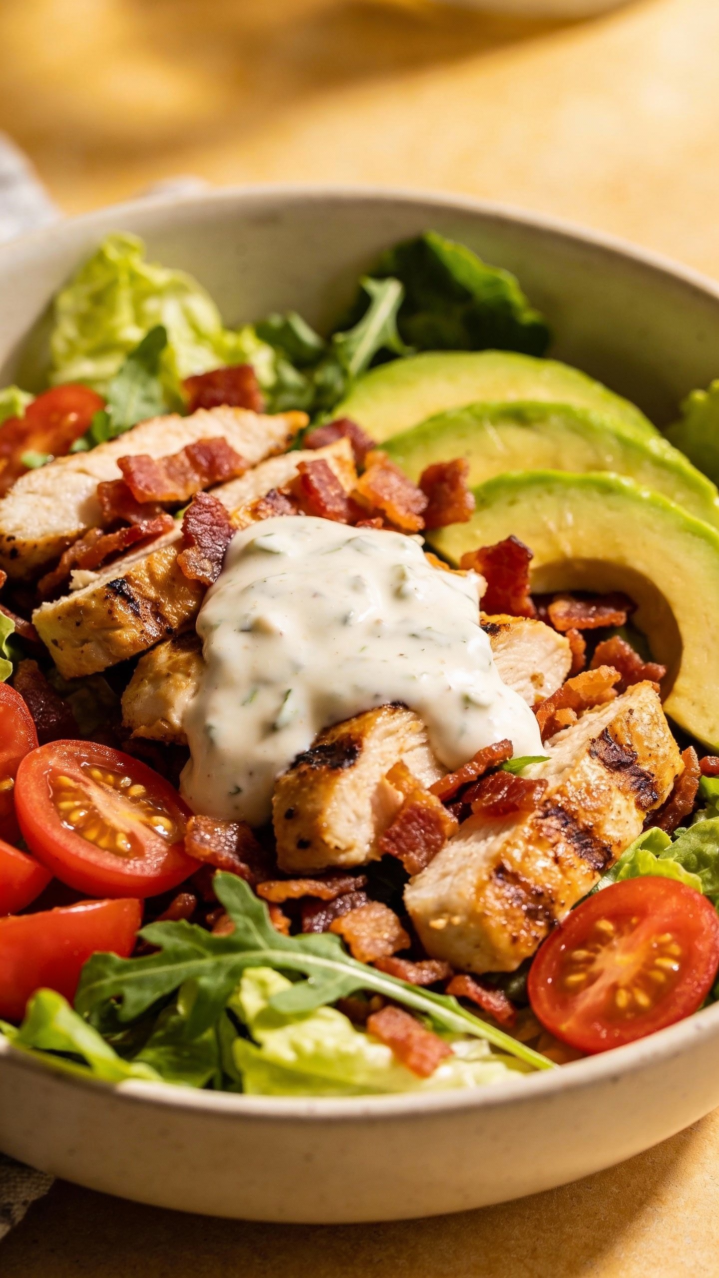 closeup bowl of keto chicken bacon ranch salad