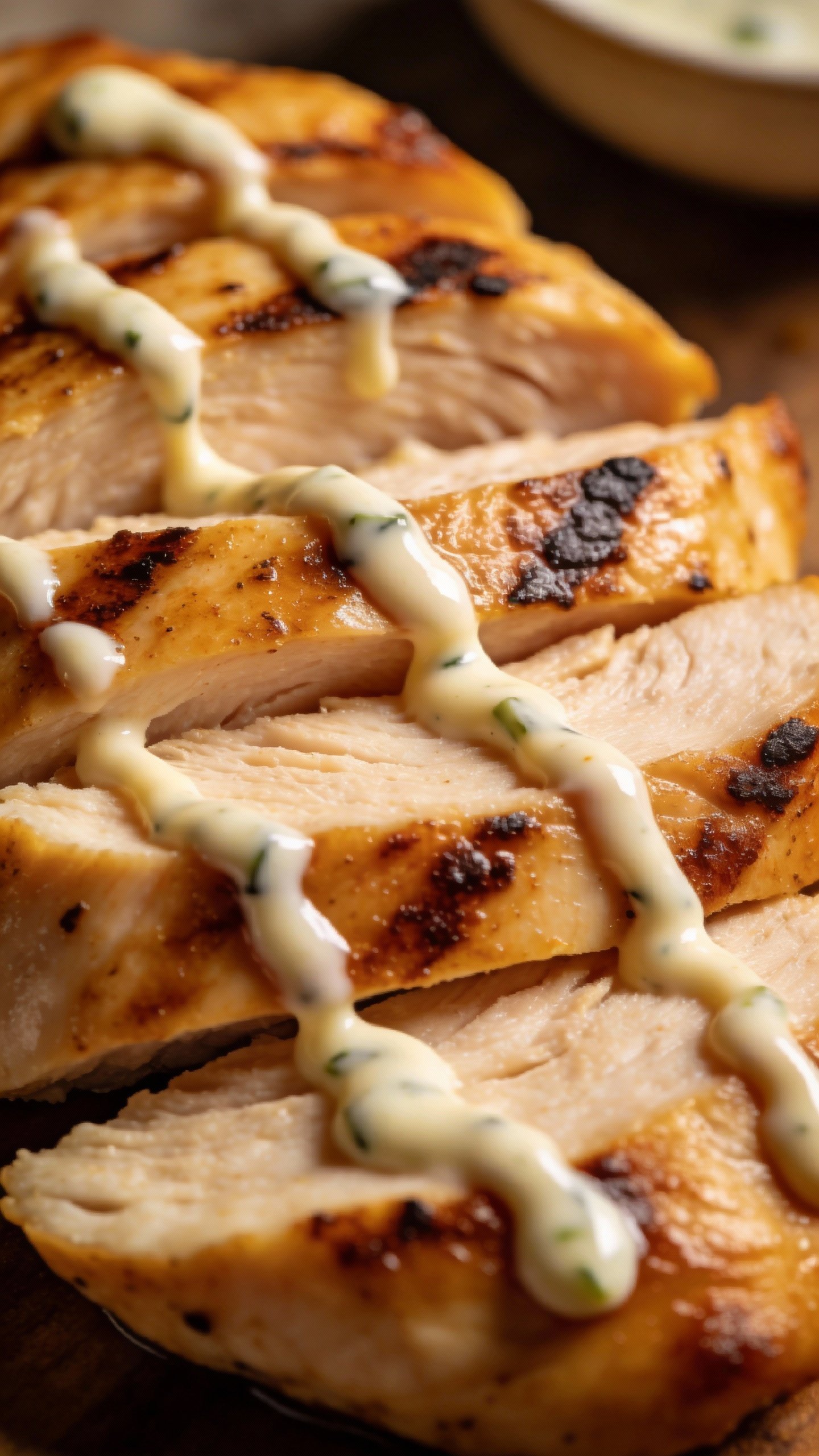 seared chicken breast slices with ranch drizzle, macro