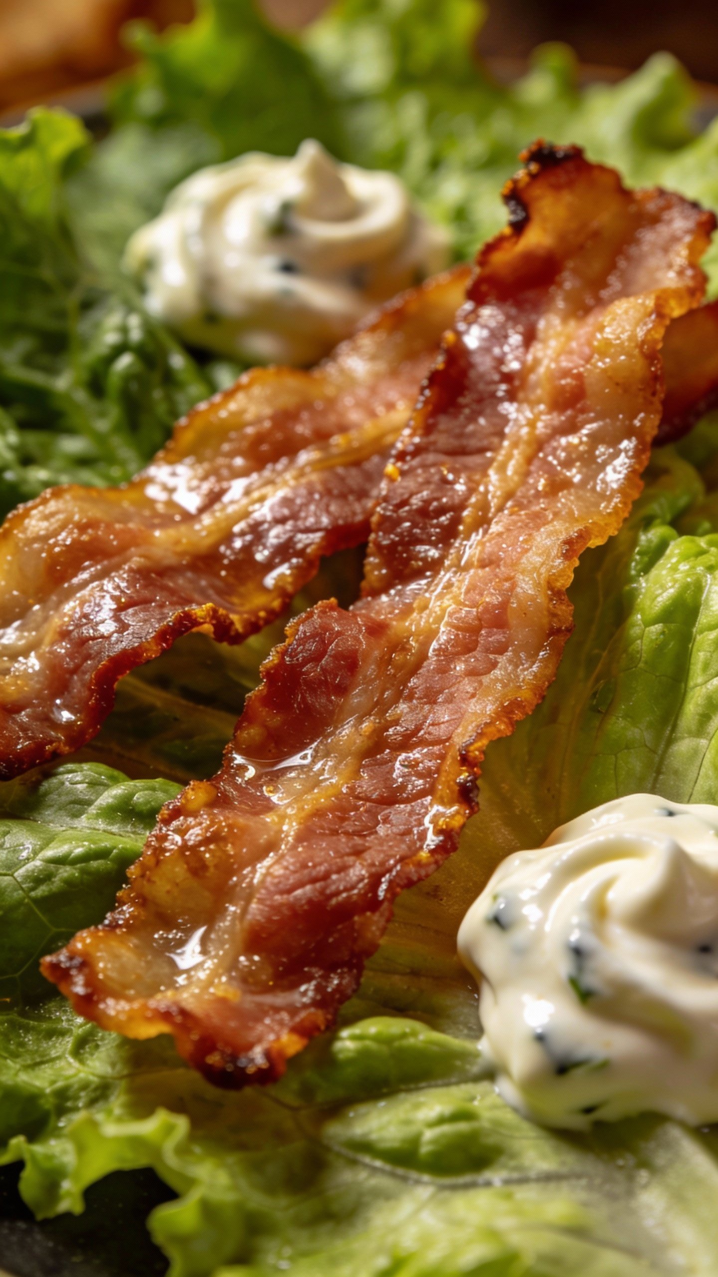 crispy bacon strips on romaine with ranch, closeup