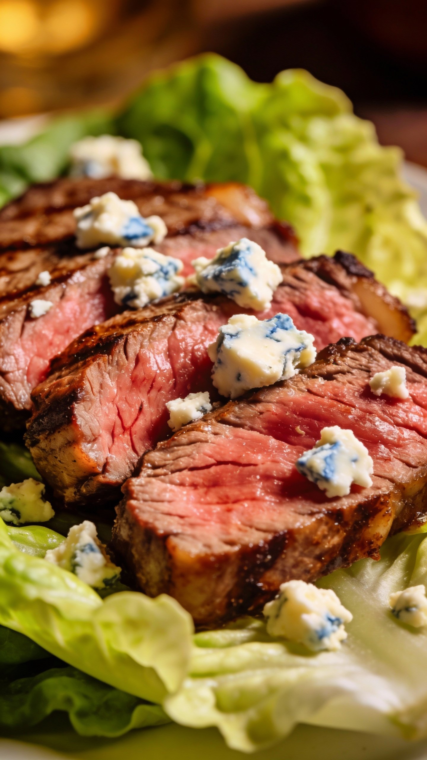 closeup ribeye steak slices on romaine with blue cheese