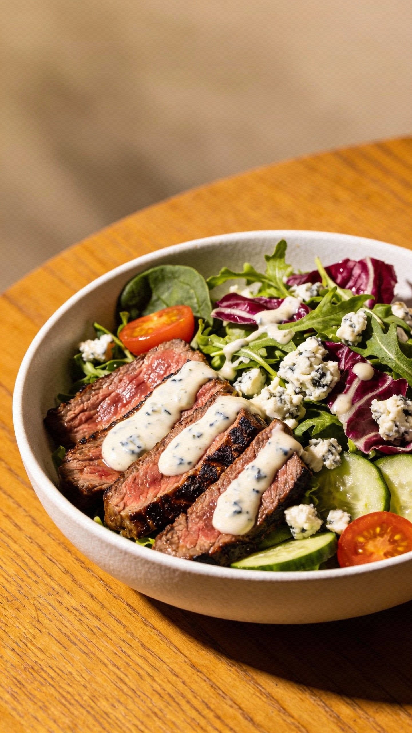 single bowl keto steak salad with creamy blue cheese dressing
