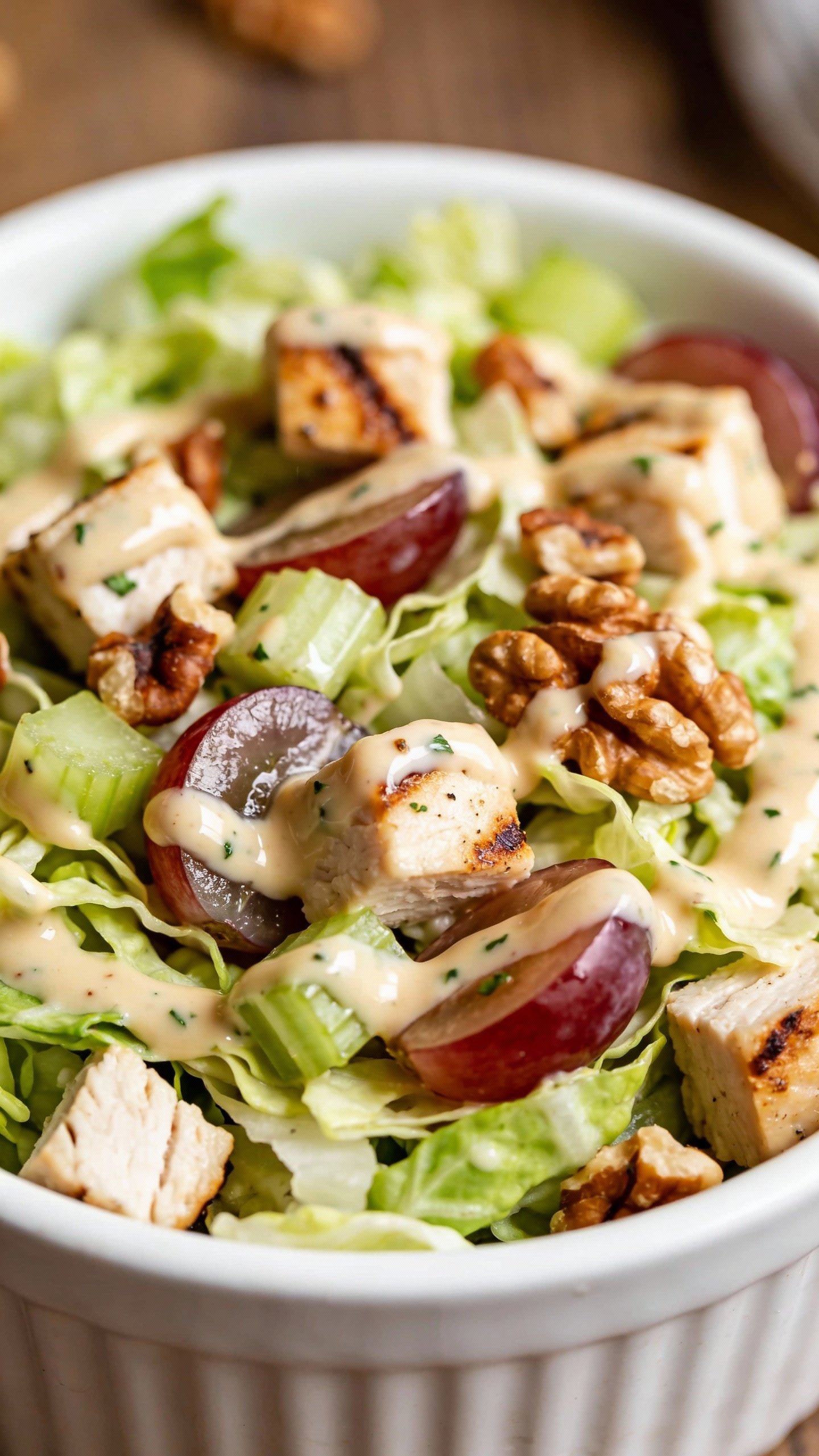 closeup bowl of keto Waldorf salad with creamy dressing
