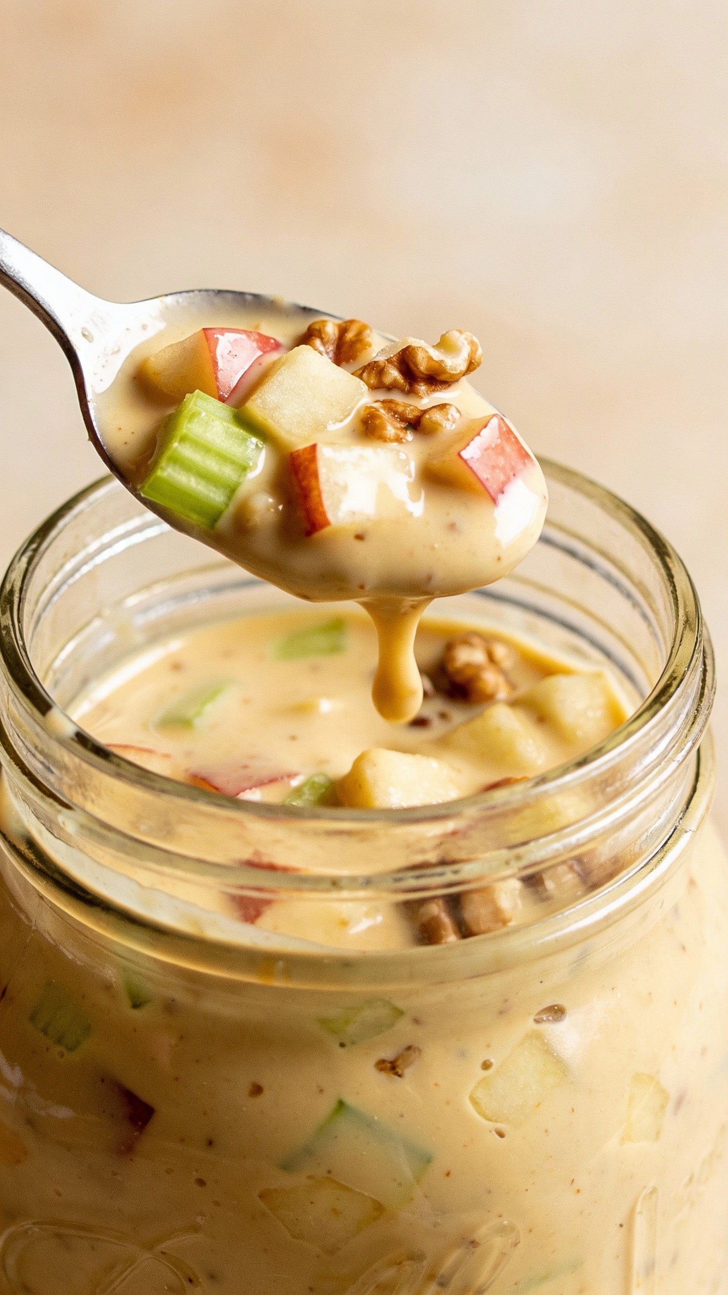 glass jar of keto Waldorf dressing with spoon drip closeup