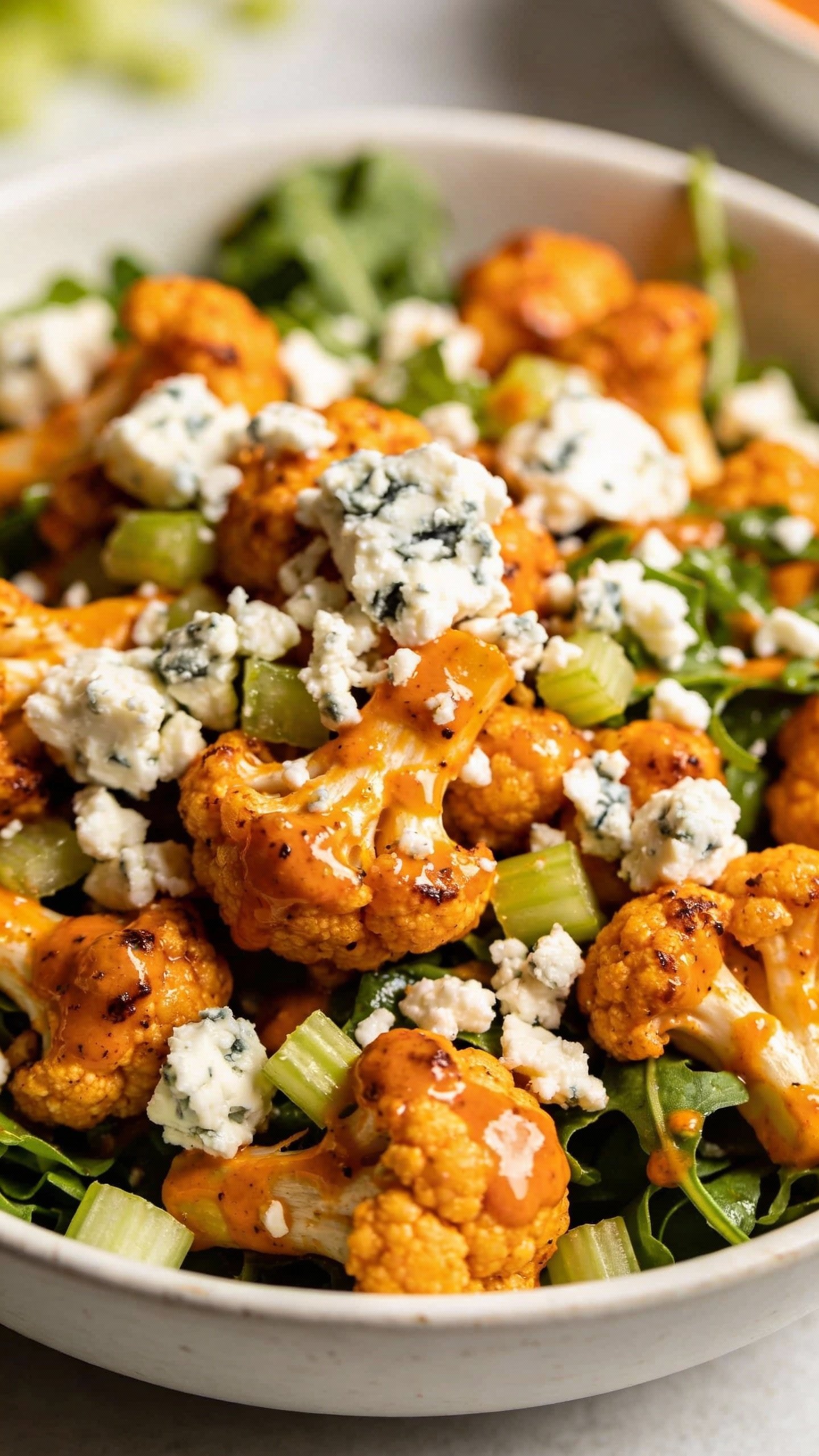closeup bowl of buffalo cauliflower salad with blue cheese