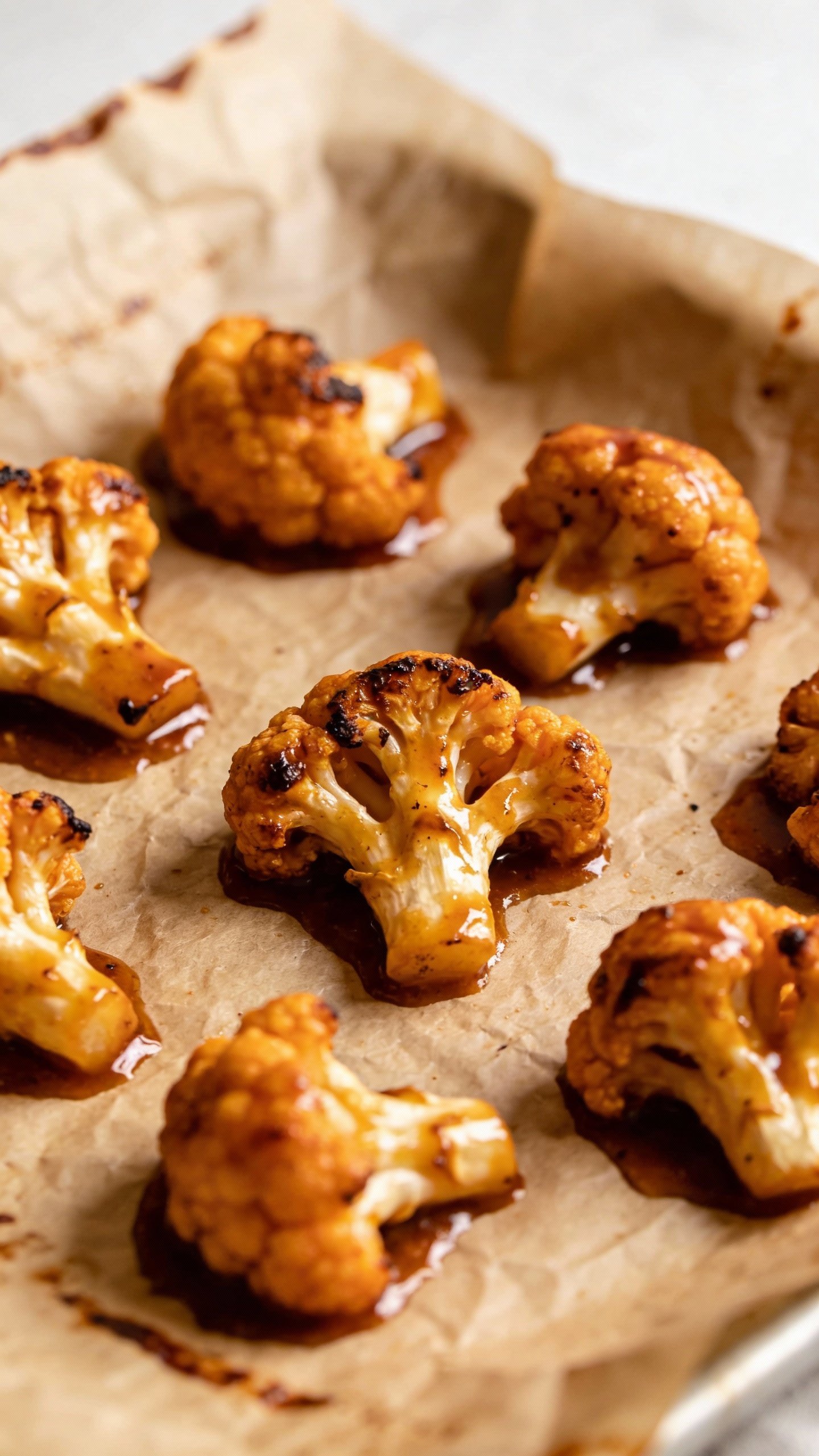roasted buffalo cauliflower florets on parchment, glossy sauce