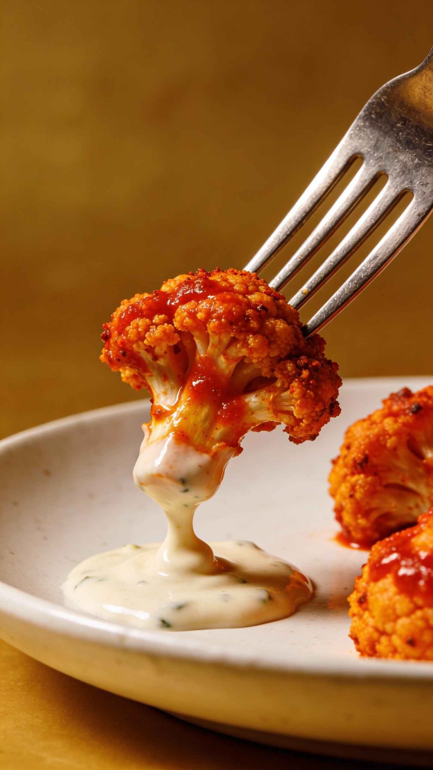 fork lifting buffalo cauliflower over creamy ranch drizzle