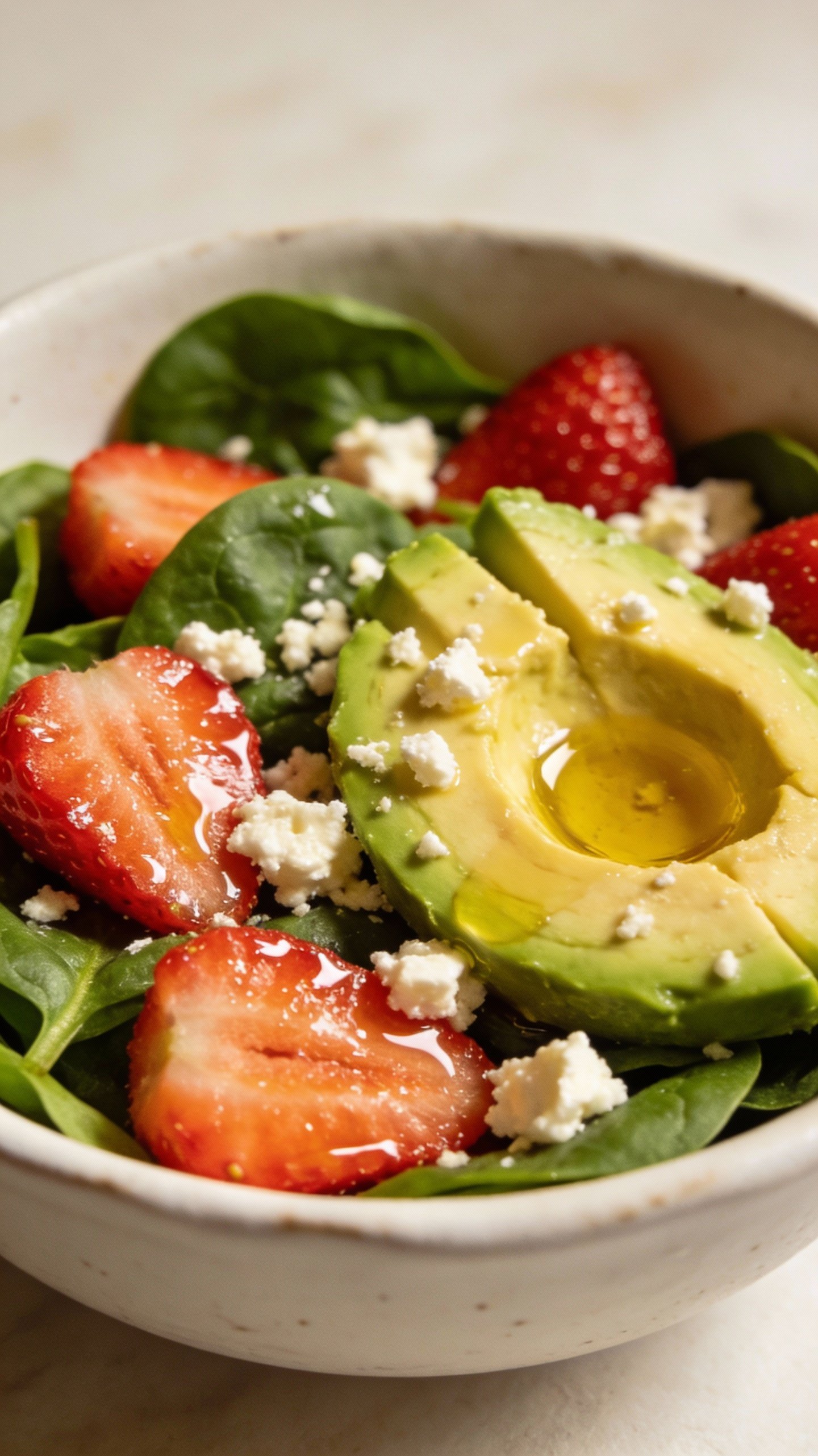 closeup bowl of keto spinach salad with avocado and strawberries