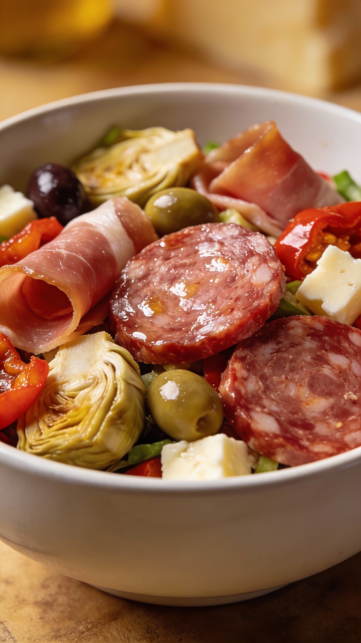 closeup keto antipasto salad in white bowl, Italian meats