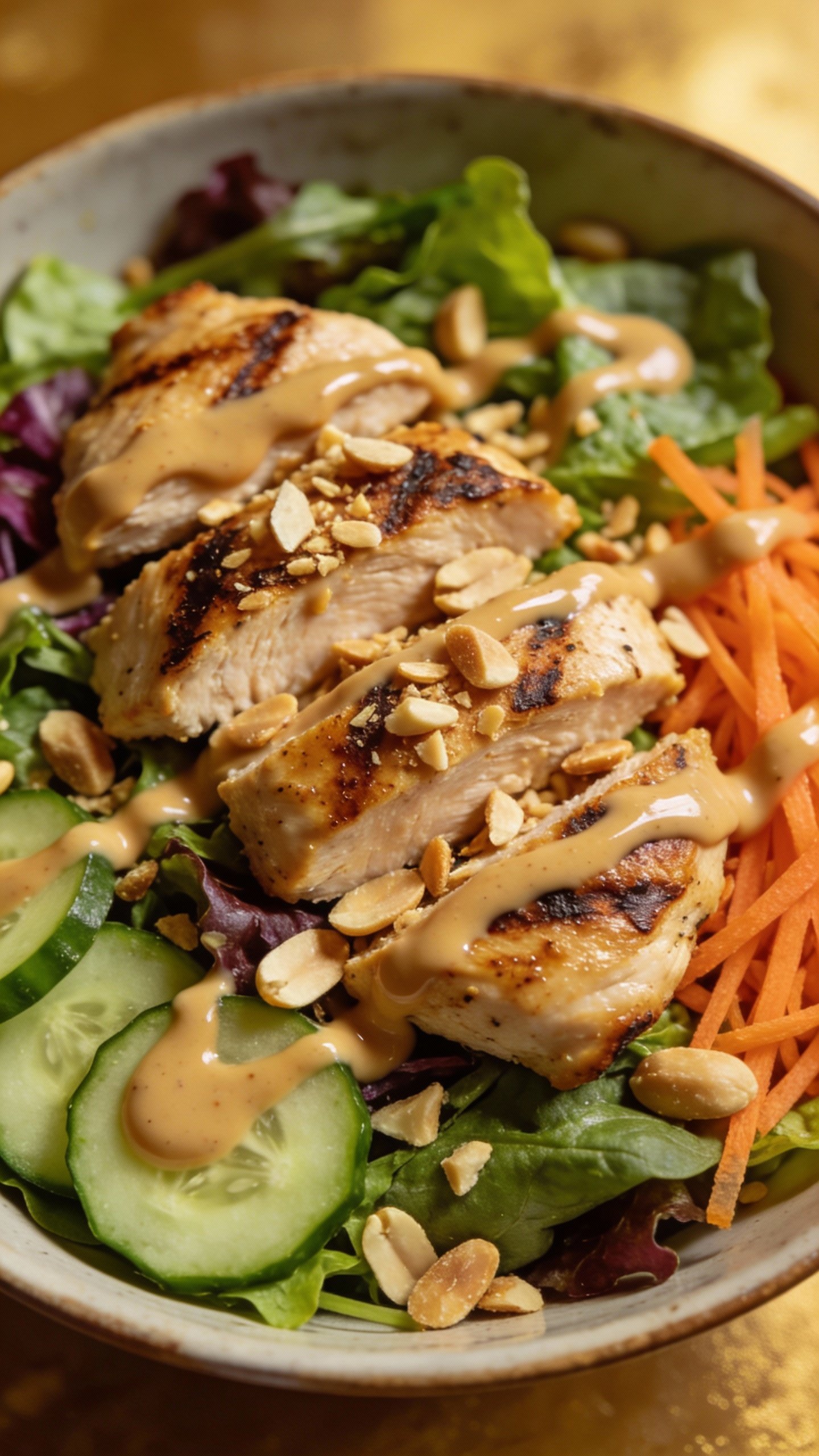 closeup bowl of keto Thai peanut chicken salad, overhead