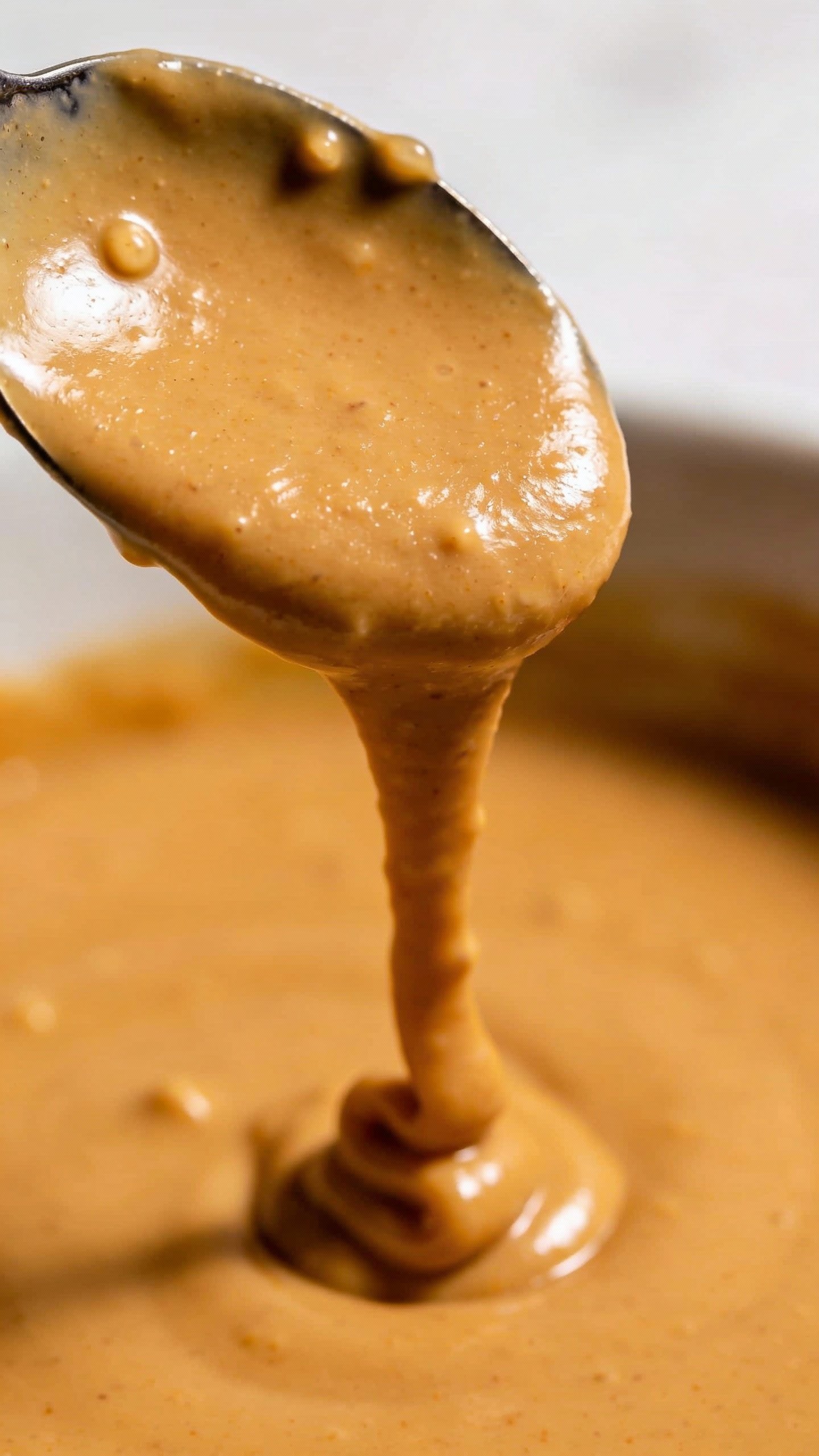 spoon dripping creamy monk fruit peanut dressing, macro shot