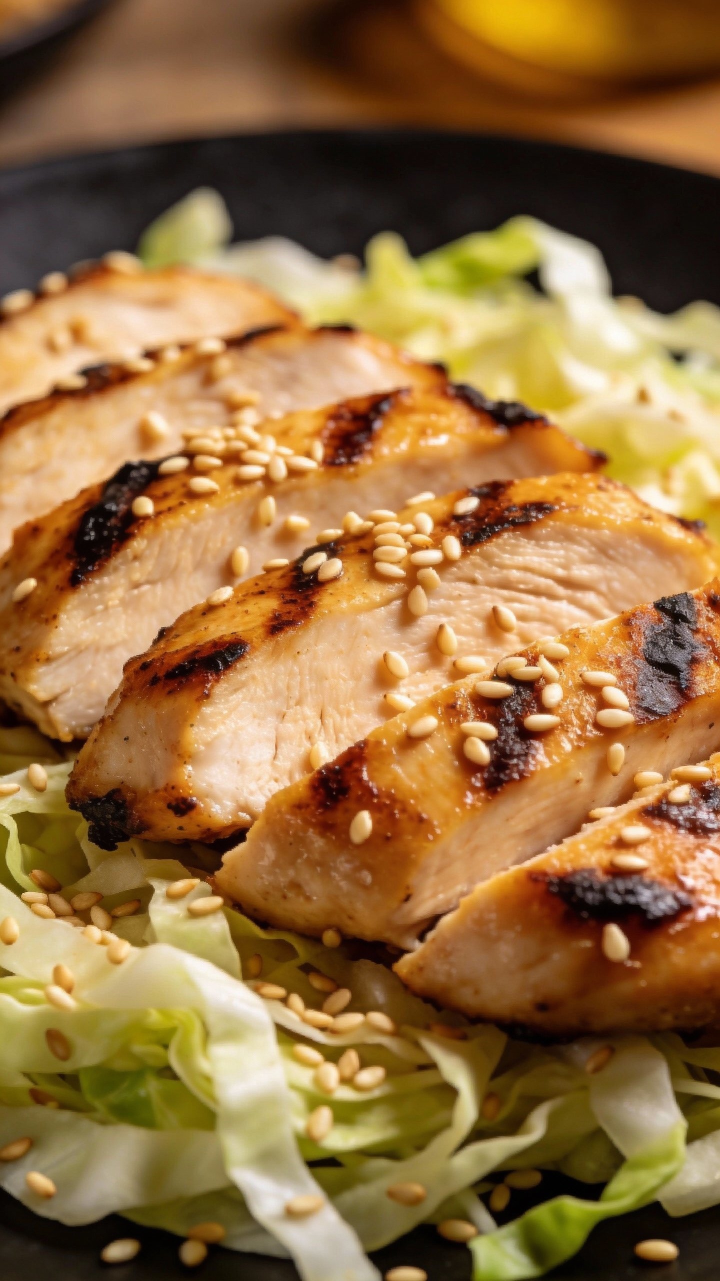 sliced grilled chicken breast on shredded cabbage, sesame garnish